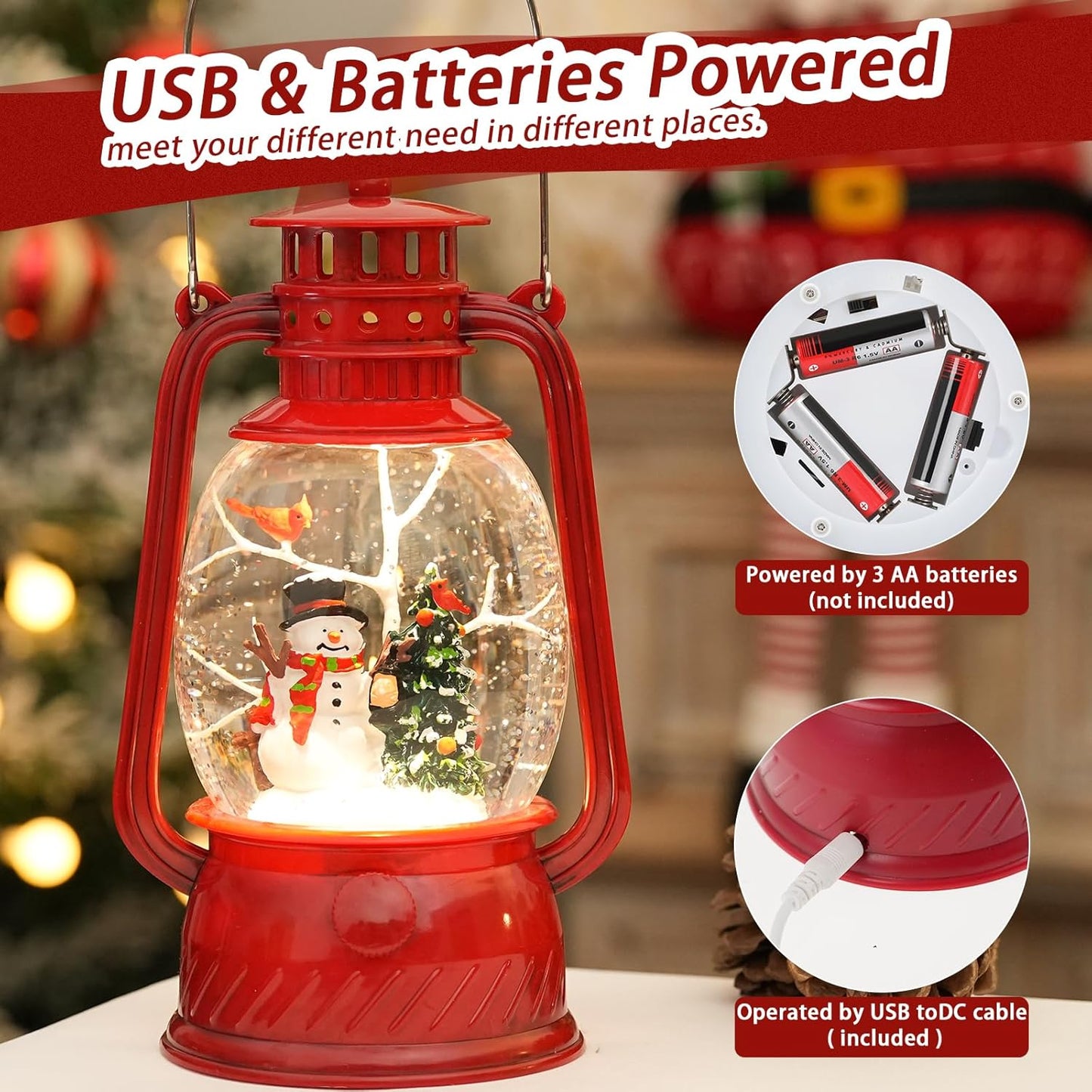 Snow Globe Christmas Decorations Indoor, Snowman Lighted Musical Christmas Snow Globes Lantern with Glitter & 6H Timer, Farmhouse Snowman Globes Christmas Decorations for Home