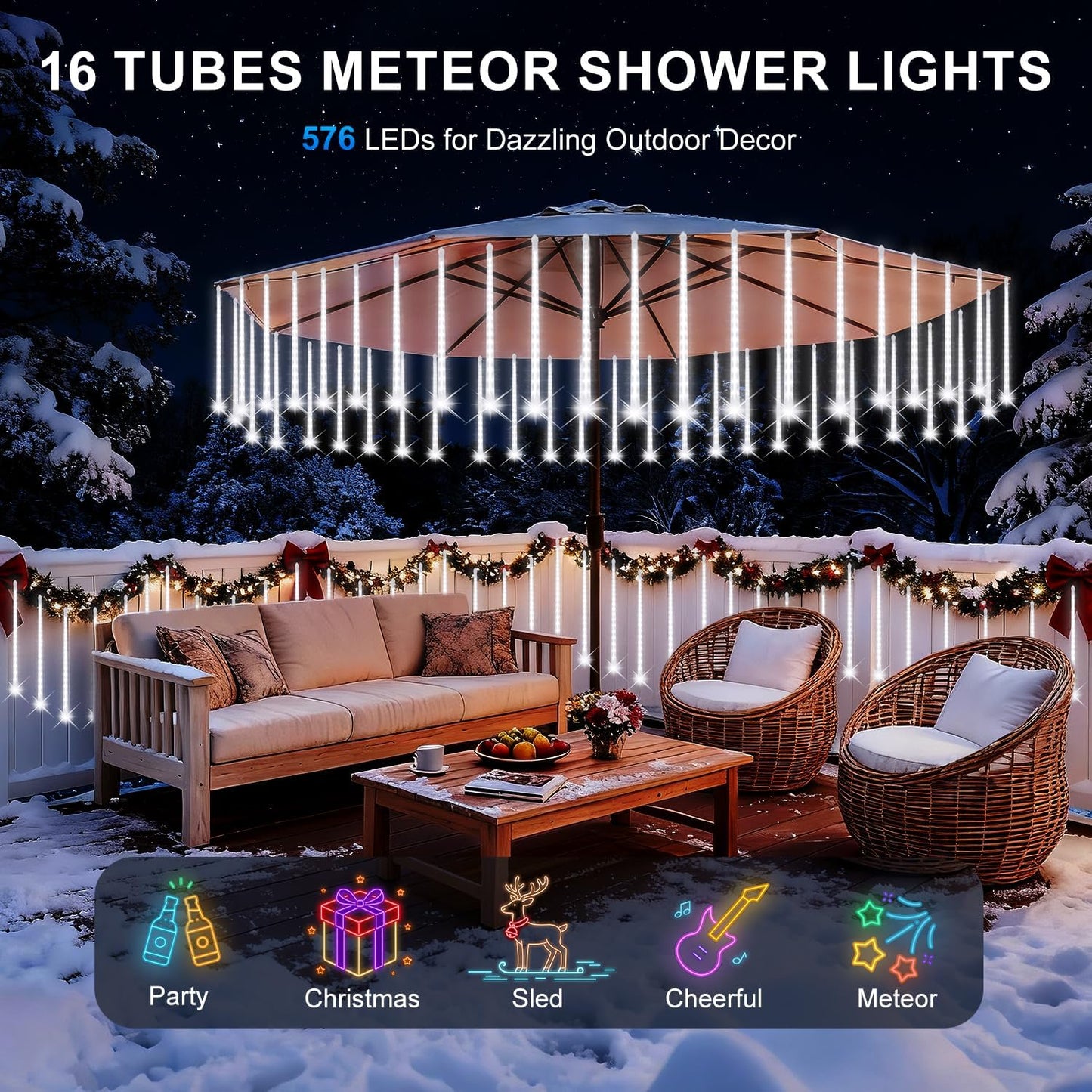 PEMOTech Christmas Lights Outdoor,16 Tubes 16 Inch 576 LED Meteor Shower Lights, Waterproof Christmas Decorations Icicle Light for Xmas Tree Halloween Party, Ul Plug,Cool White