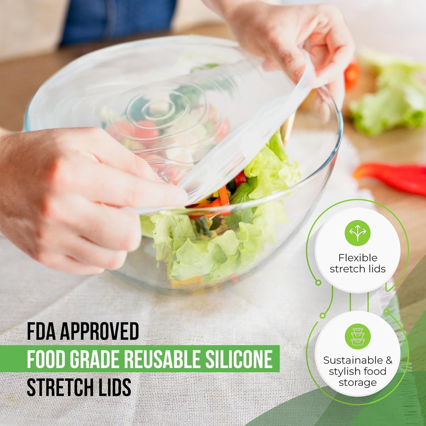 Reusable Silicone Stretch Lids for Food Storage in Fridge - Elastic Heat-Resistant Bowl Covers, Cups, Cans, Jars - Universal Food Grade Lid for Round and Rectangle Containers - Dishwasher Safe -7 Pack