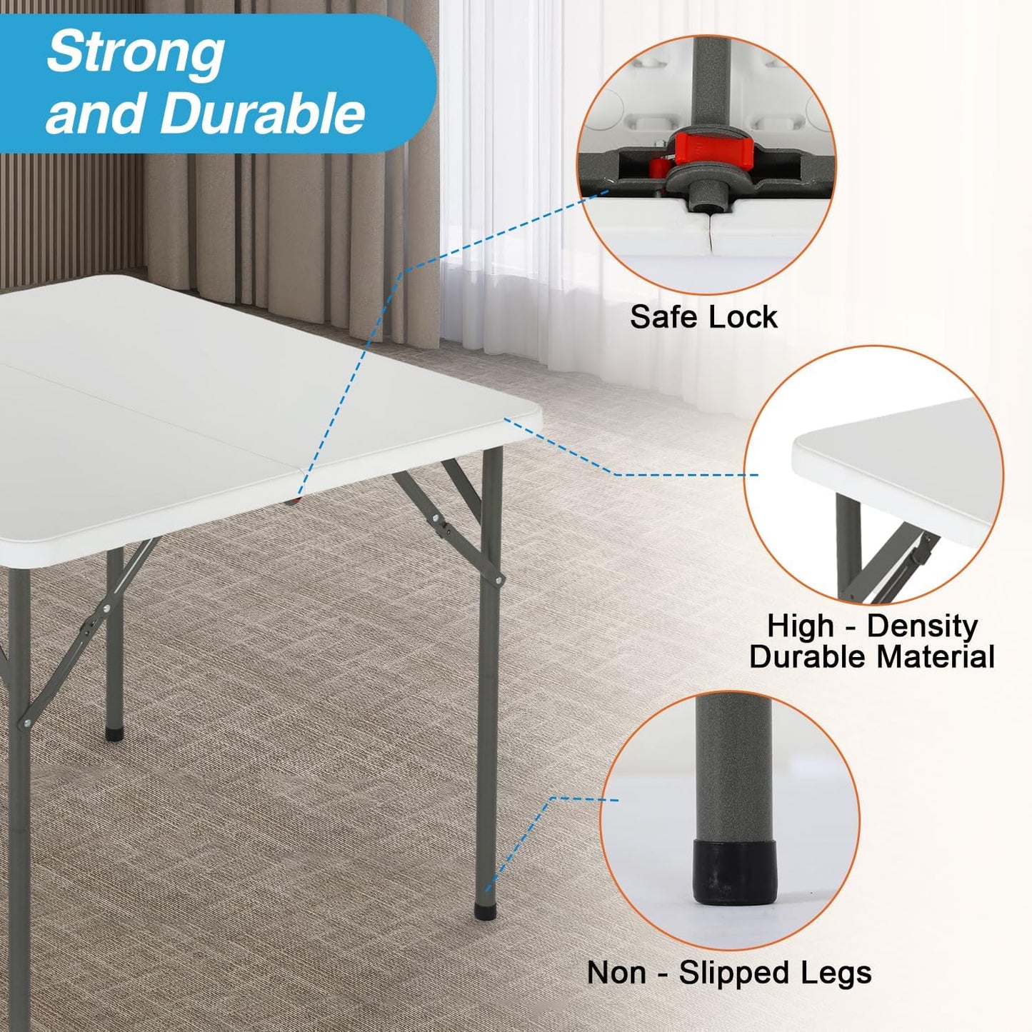 FDW 34" Folding Card Table Plastic Table Portable Square Height Dining Table Perfect for Party and Parties Backyard Events, White