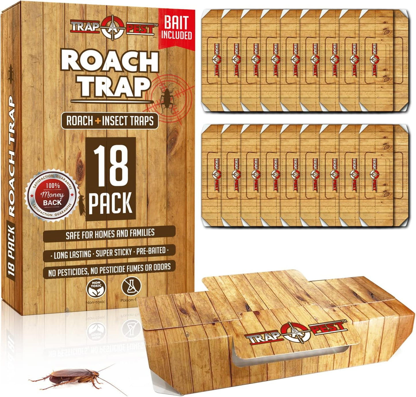 Roach Traps Indoor Sticky (18 Pack) - Glue Traps for Roaches Bug Traps with Roach Bait Traps - Long Lasting Non-Toxic Children and Pet Friendly - Trap a Pest