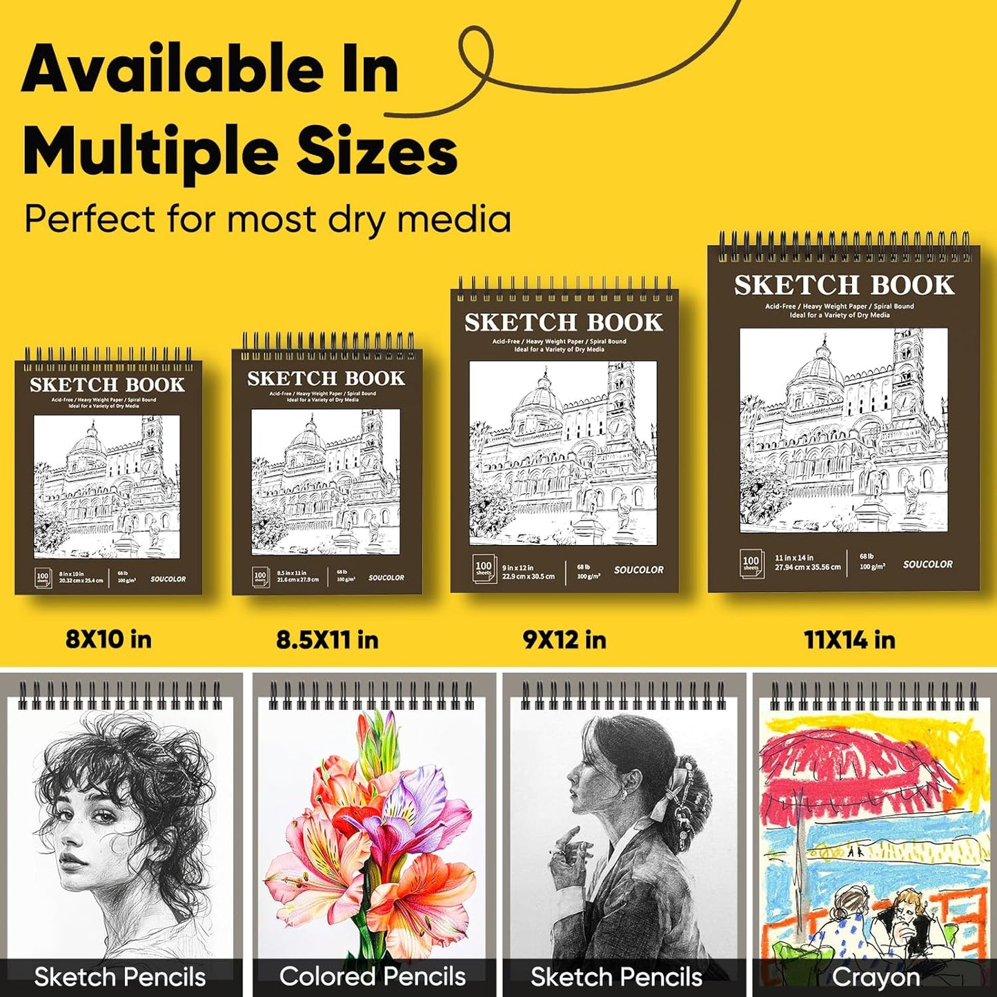 Soucolor Sketch Book, Spiral Bound Acid-Free Sketchbook with 68lb/100gsm for Paper Painting, Drawing, Writing, Artist Sketching Pad for Kids, Adults & Teens, 100 Sheets (Black, 9 x 12 Inch, Pack of 1)