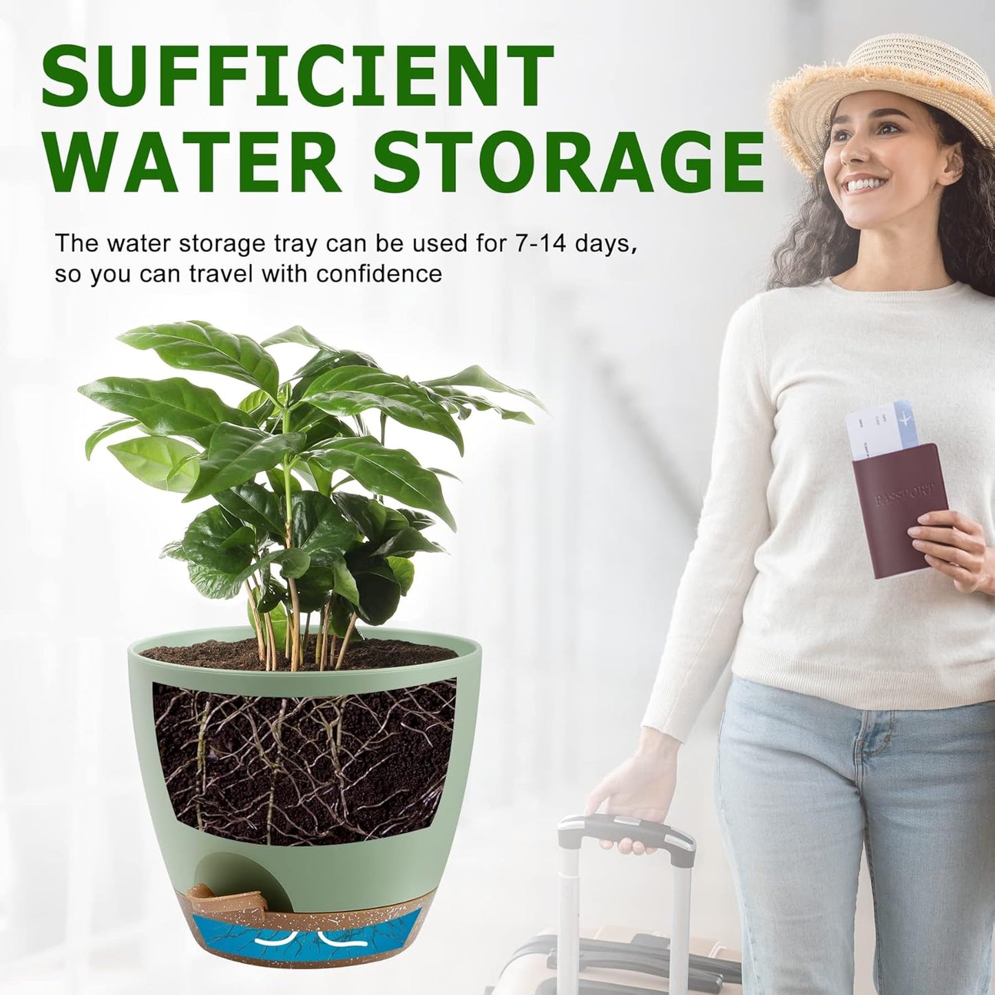 Plant Pots 10/9/8/7.5/7 Inch Self Watering Pots, Set of 5 Plastic Planters with Drainage Holes and Saucers,Plastic Flower Pots,Nursery Planting Pot for Indoor Out Door Plants(Green)