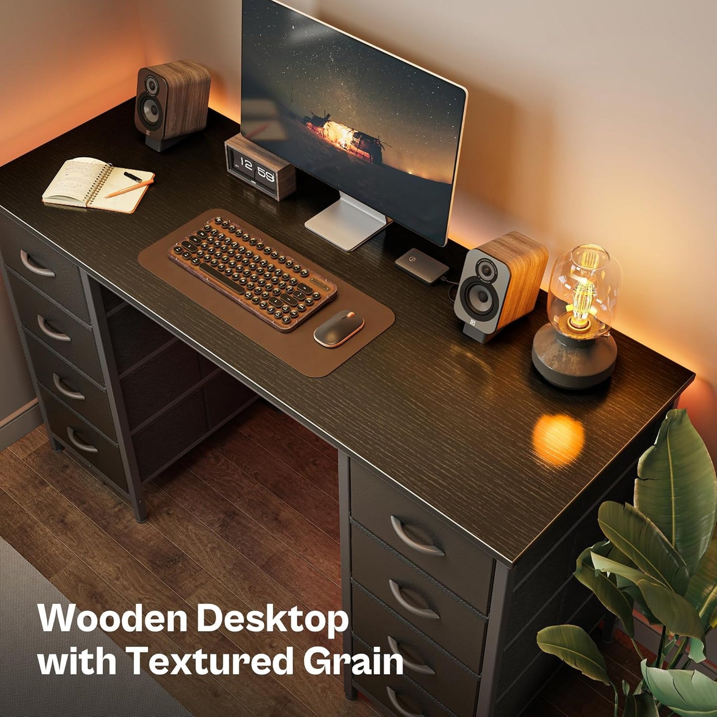 Huuger 47 Inch Computer Desk with 8 Fabric Drawers, Office Desk Work Desk for Home Office, Study, Gaming Desk with Drawers, Large Storage, Black