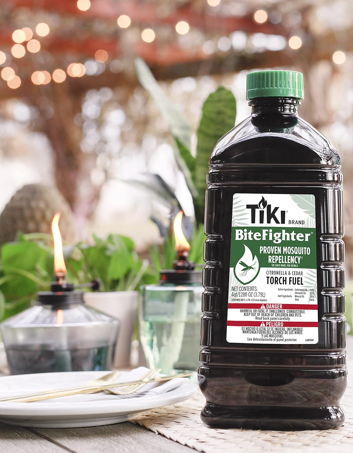 TIKI BiteFighter Mosquito Repellent Torch Fuel - 1 Gallon (128 oz.), Citronella & Cedar Formula for Mosquito Repellency, Easy Pour Bottle, Use with Torches & Table Torches, Outdoor & Backyard Use