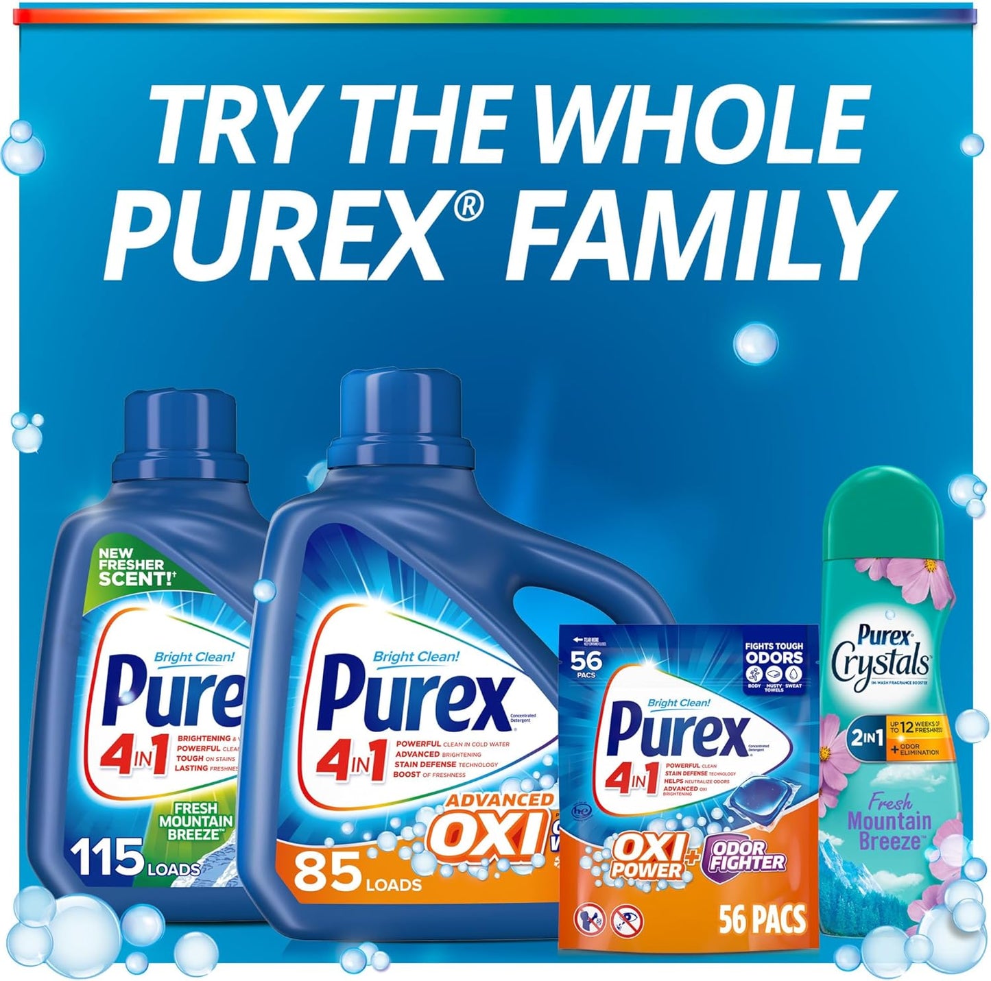 Purex 4-in-1 Oxi Power + Odor Fighter Laundry Detergent Pacs, Fresh Morning Burst, 56 Count