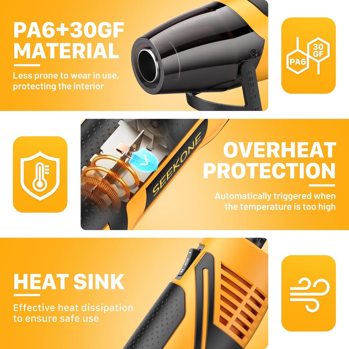 SEEKONE Mini Heat Gun, 350W 2-Temp Settings 500℉ & 842℉(260℃& 450℃) Fast Heat Hot Air Gun Tool with Reflector Nozzle and 4.9Ft Long Cable Overload Protection for Crafting, Vinyl Wrap and Shrink Tubing