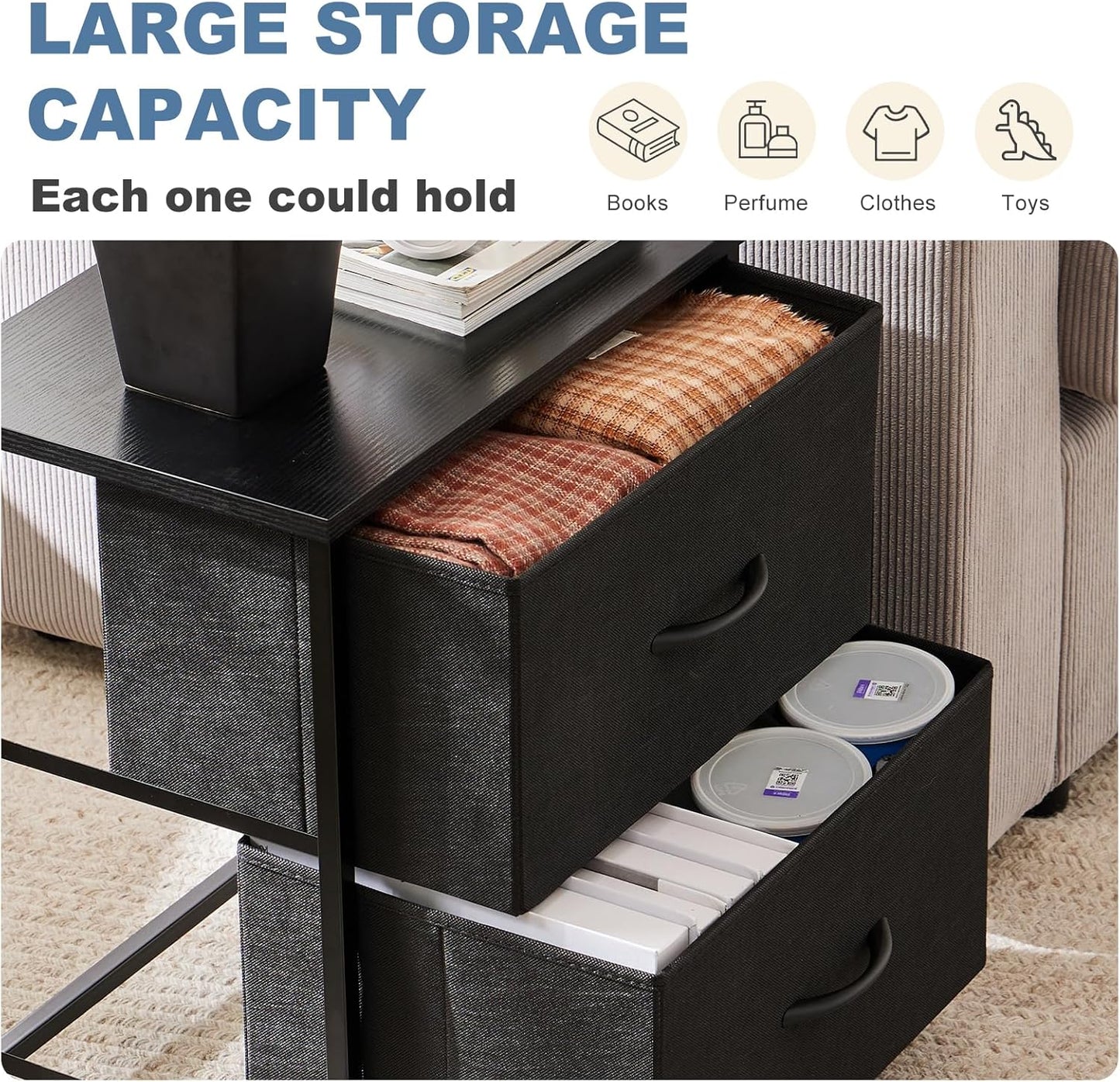 DUMOS Nightstand Small Dresser with 2 Fabric Drawers Side Tables Bedroom End Table Bedside Storage Furniture for 20 inch Tall Night Stand for Entryway, College Dorm, Classic Black