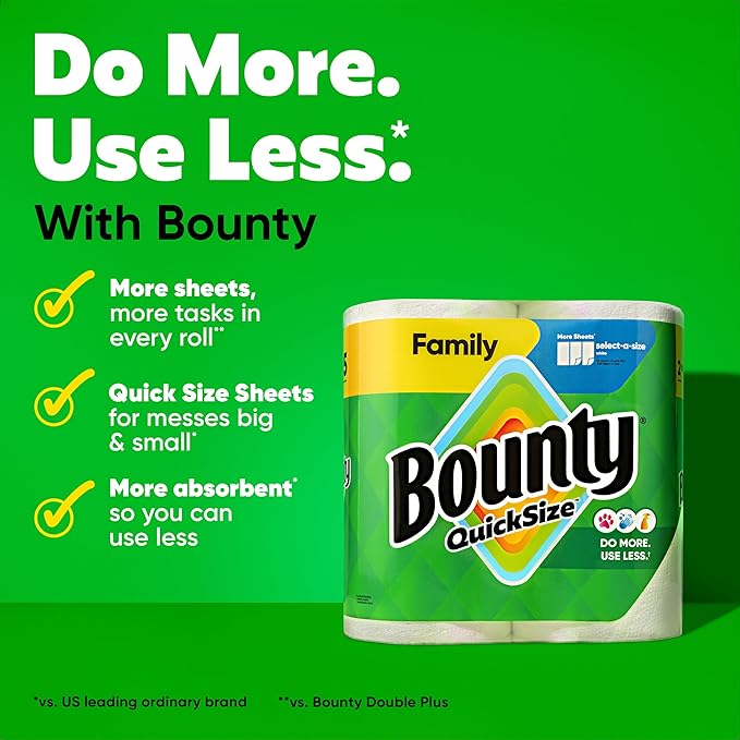 Bounty Quick Size Paper Towels, White, 8 Family Rolls = 20 Regular Rolls (Packaging May Vary)