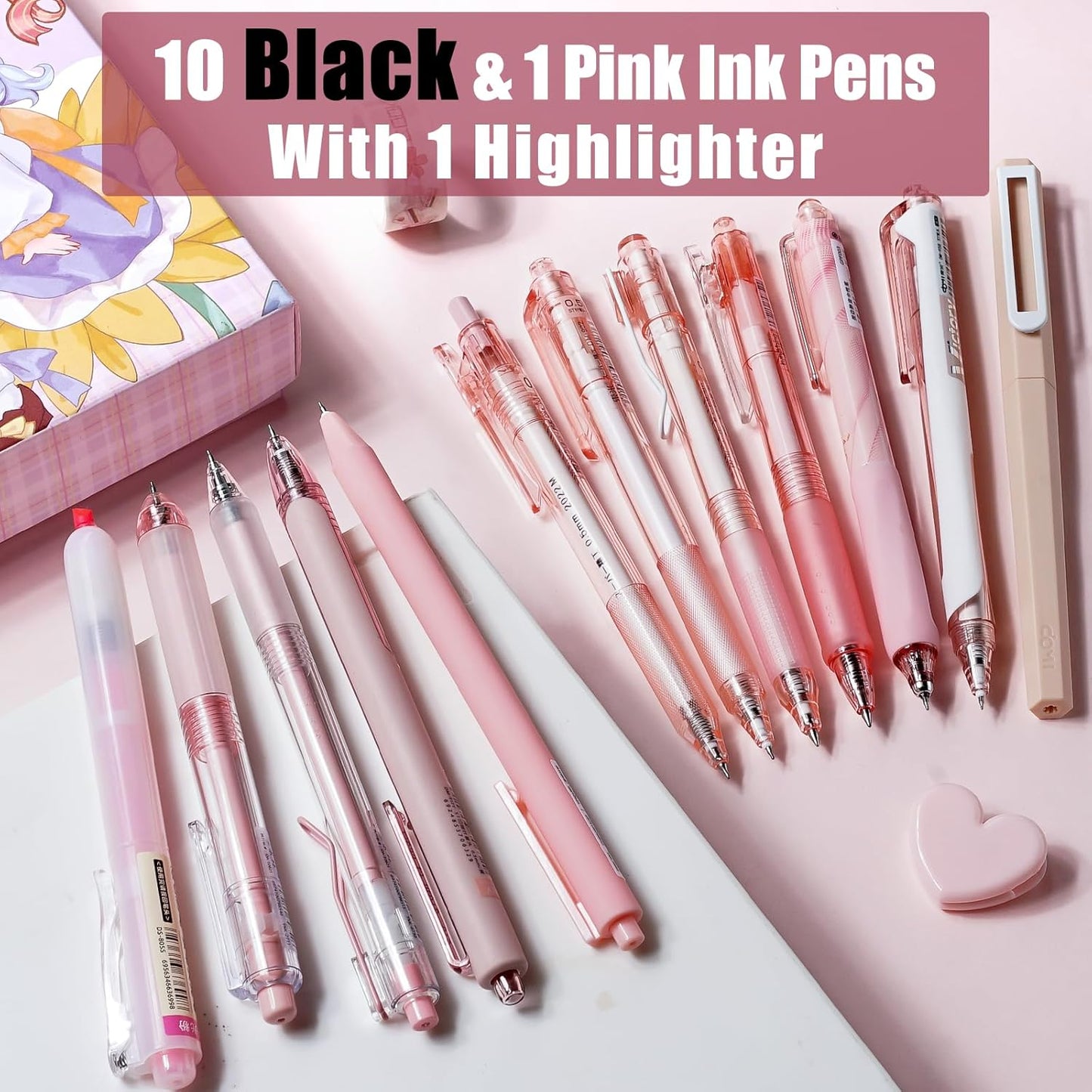 Four Candies Rose Series Gel Pens, Cute Writing Pens with Black & Pink Ink, 0.5 mm Smooth Fine Point, Back to School Office Supplies Girly Stationery Aesthetic Desk Accessories for Women, Set of 12