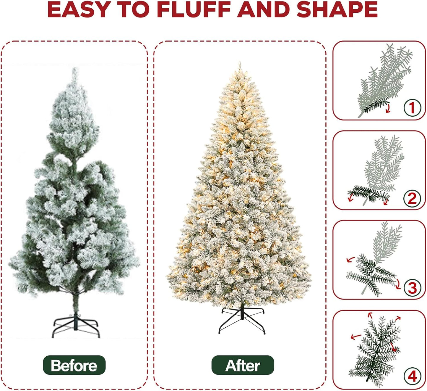 Hykolity 6 ft Prelit Snow Flocked Christmas Tree, Artificial Christmas Tree with 250 Warm White Lights, 1032 Tips, Metal Stand and Hinged Branches