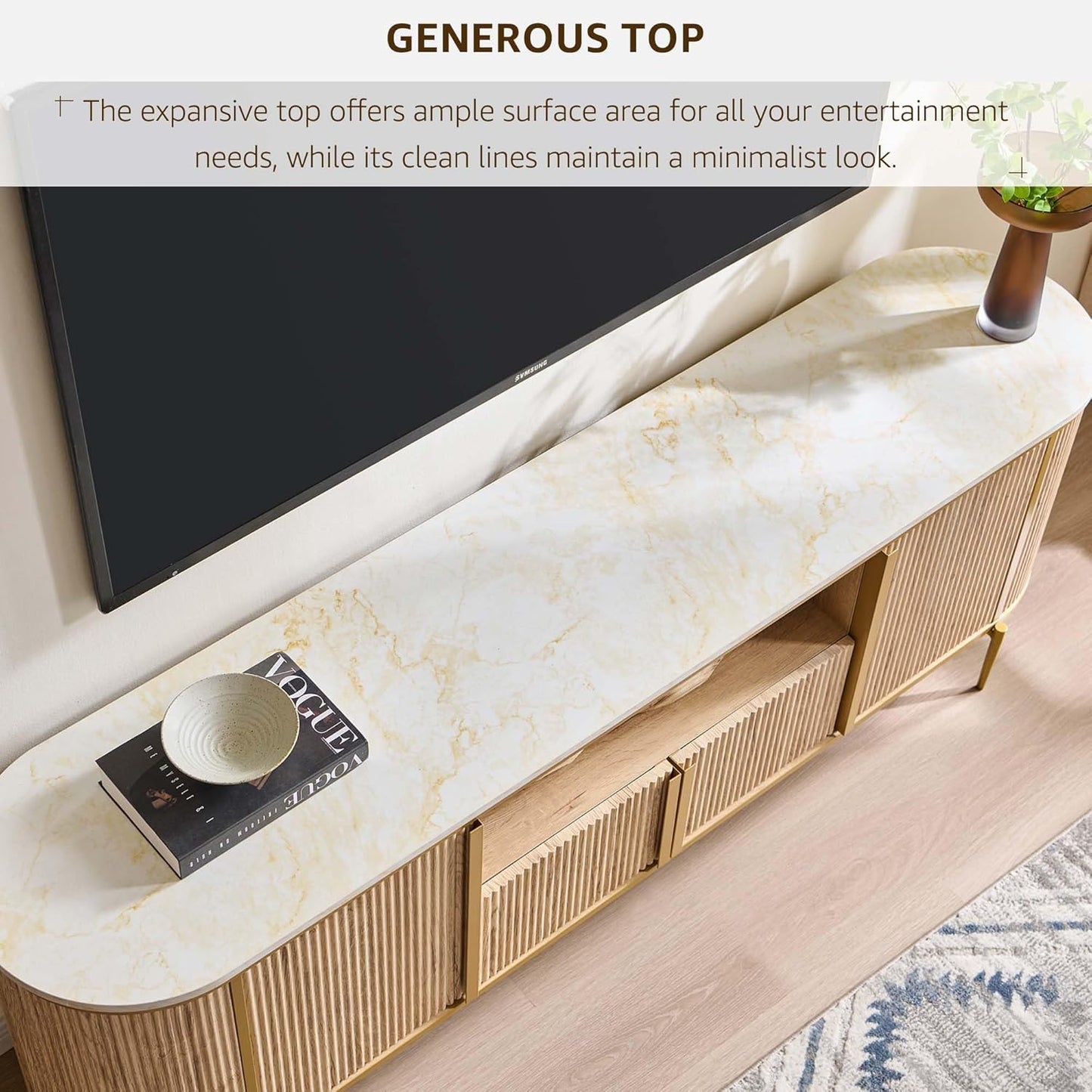 OKD Luxury 70" Fluted TV Stand, Modern Chic Entertainment Center for TVs Up to 80 inches, TV Console with Faux Marble Top, Curved Profile Design, Media Console for Living Room, Natural Oak