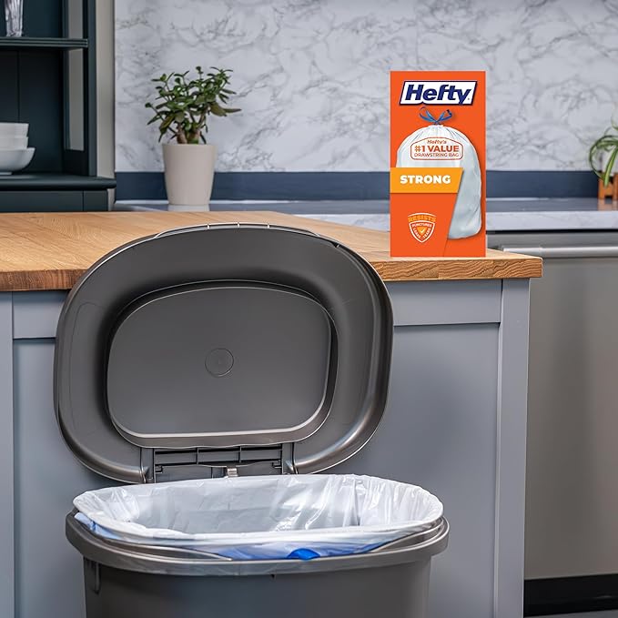 Hefty Strong 13 Gallon Trash Bags, Tall Kitchen Bags, UnscentedLarge Bags with Drawstrings, Durable Closure, Resists Leaks, Punctures, and Tears, White, Unscented, 90 Bags