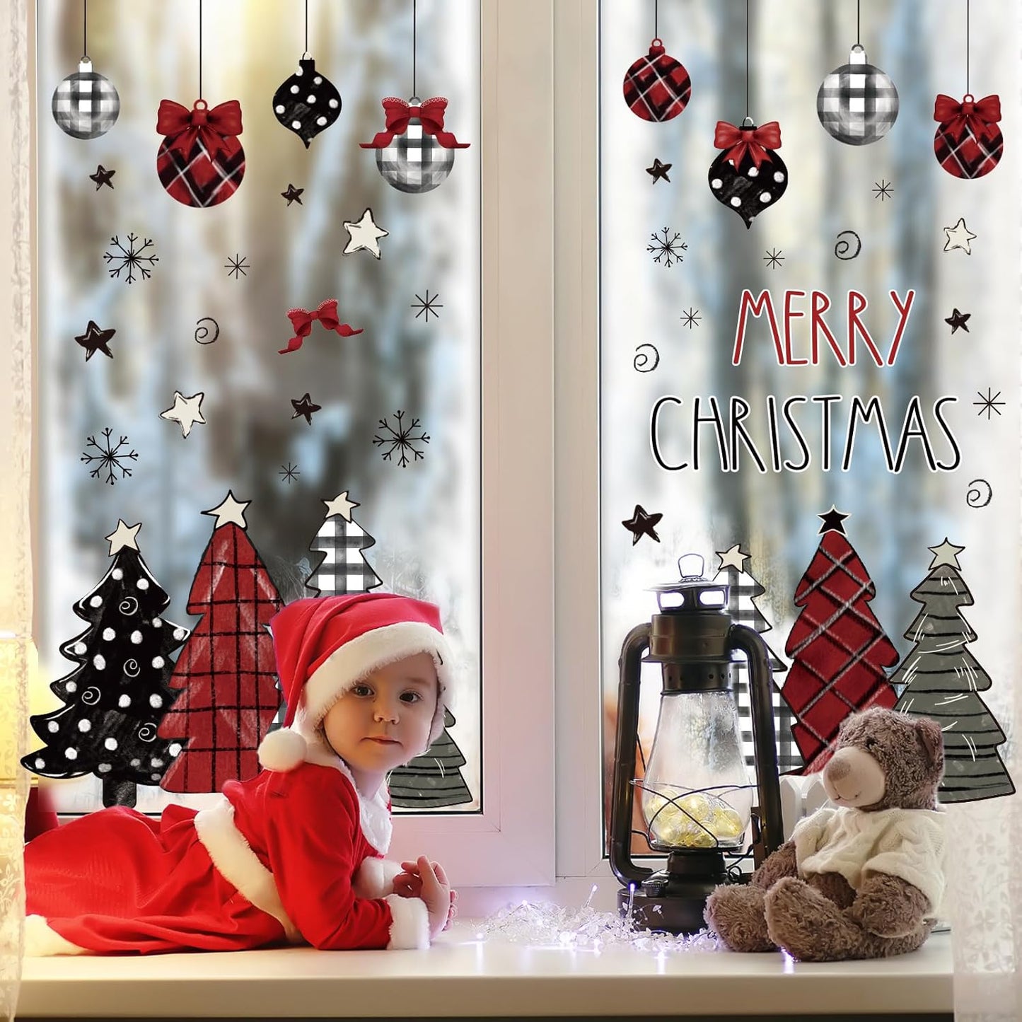 Whaline Merry Christmas Window Clings Red Black Xmas Tree Ball Snowflake Window Stickers Double-Side Plaid Glass Decals for Home Party Supplies, 7.9 x 11.8 Inch, 9 Sheets