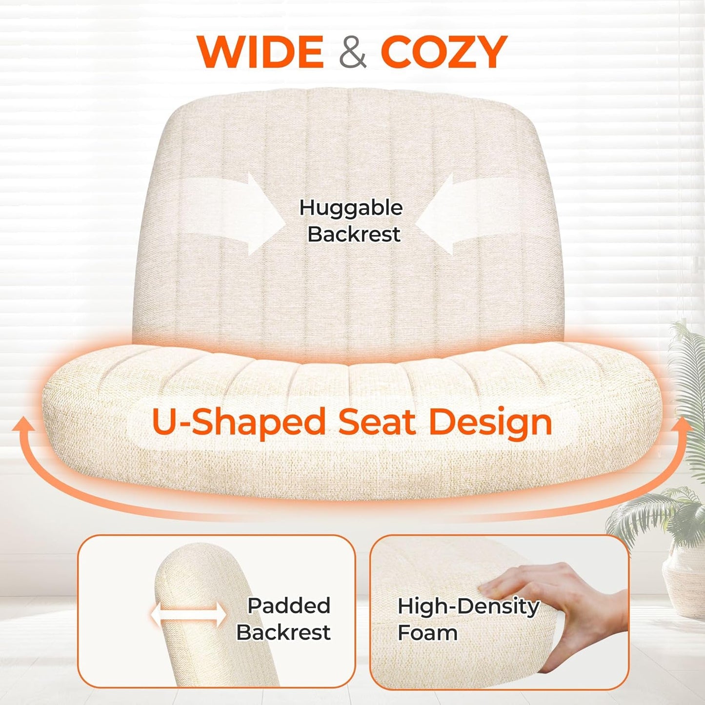 Orange Factory Criss Cross Chair Wheels Wide Cross Legged Office Desk Vanity Chair Comfy Fabric Armless Adjustable Swivel for Home Computer Task (Beige)