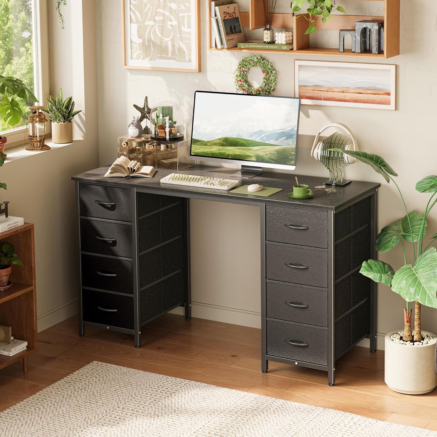 Huuger 47 Inch Computer Desk with 8 Fabric Drawers, Office Desk Work Desk for Home Office, Study, Gaming Desk with Drawers, Large Storage, Black