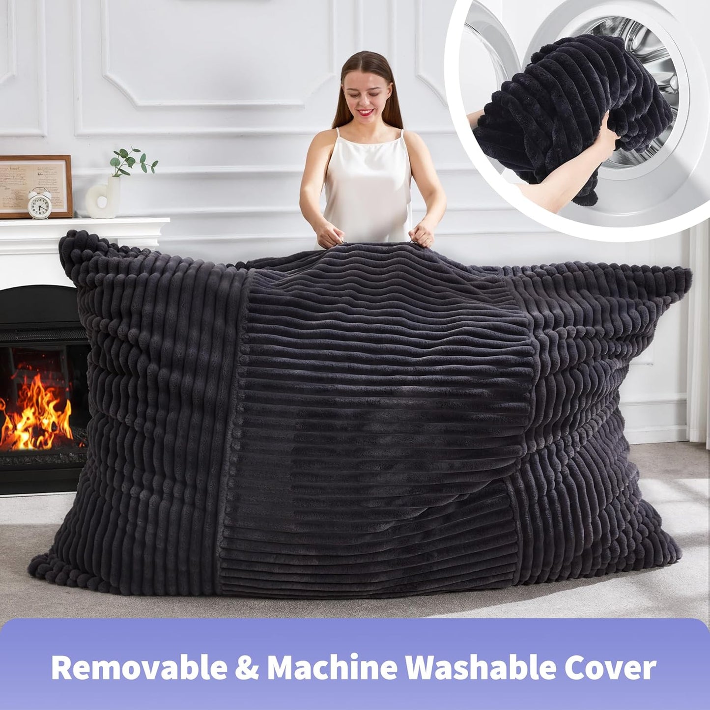 Hobestluk 3 in 1 Bean Bag Chair Giant Bean Bag Chairs Convertible Bean Bag Floor Cushion with Machine Washable Cover, Beanbag Chairs for Adult (Dark Grey)