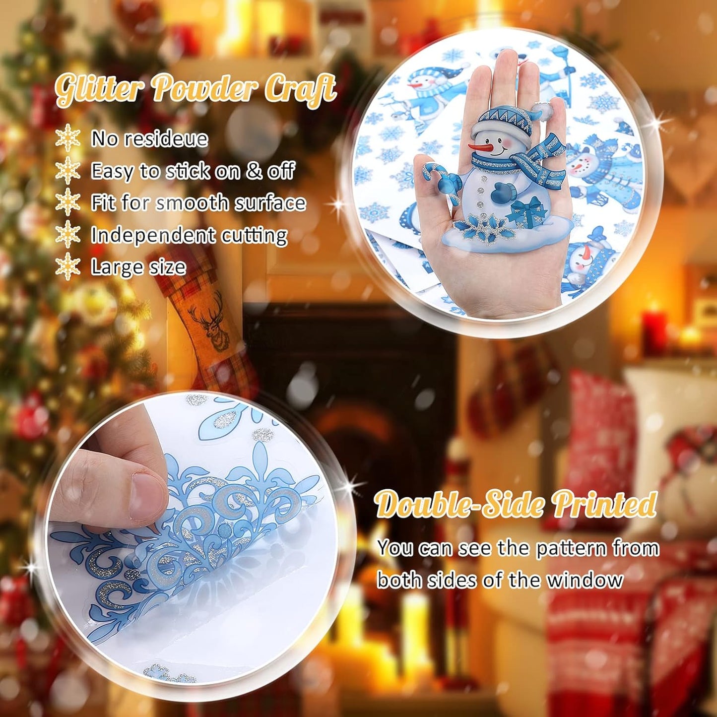 Christmas Window Clings for Glass Snowman Window Stickers Glitter Powder Craft Static Xmas Glitter Window Decals Xmas Snowflake Decals for Christmas Decorations Indoor 4 Sheets