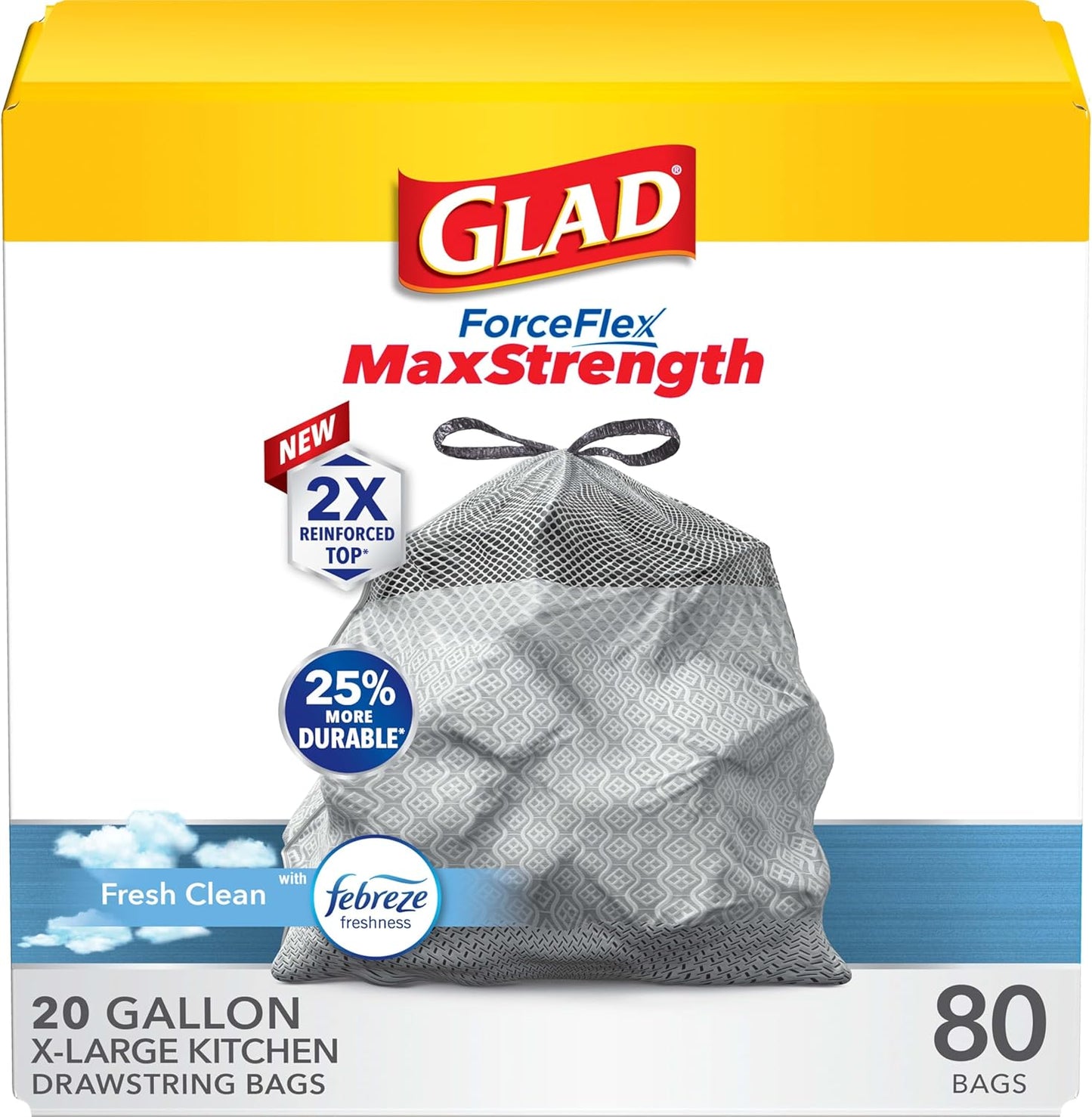 Glad ForceFlex MaxStrength Kitchen Drawstring Trash Bags, 20 Gal, Fresh Clean, 80 Ct, Pack May Vary