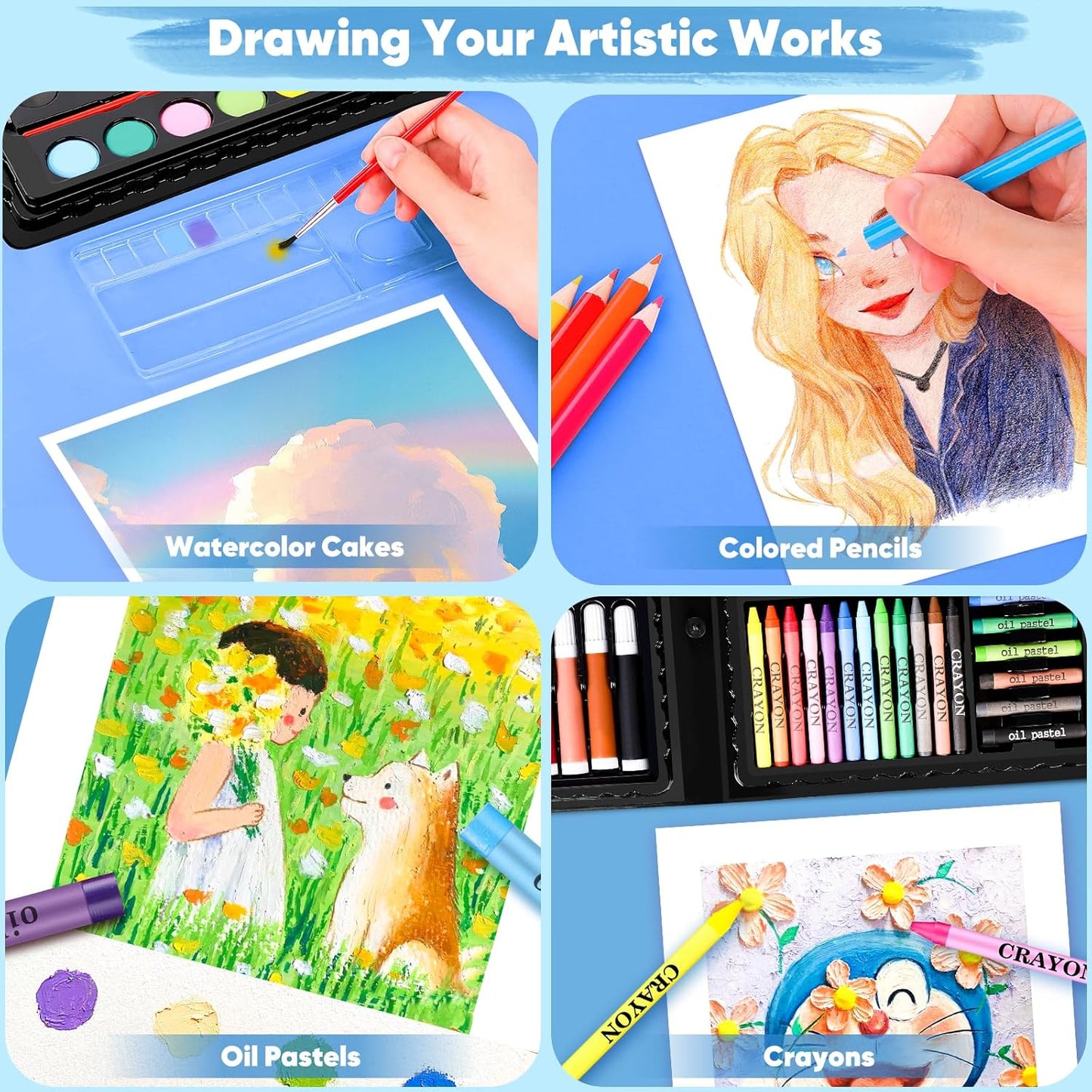 iBayam Art Supplies, 149-Pack Drawing Kit Painting Art Set Art Kits Gifts Box, Arts and Crafts for Kids Girls Boys, with Coloring Book, Crayons, Pastels, Pencils, Watercolor Pens & Cakes