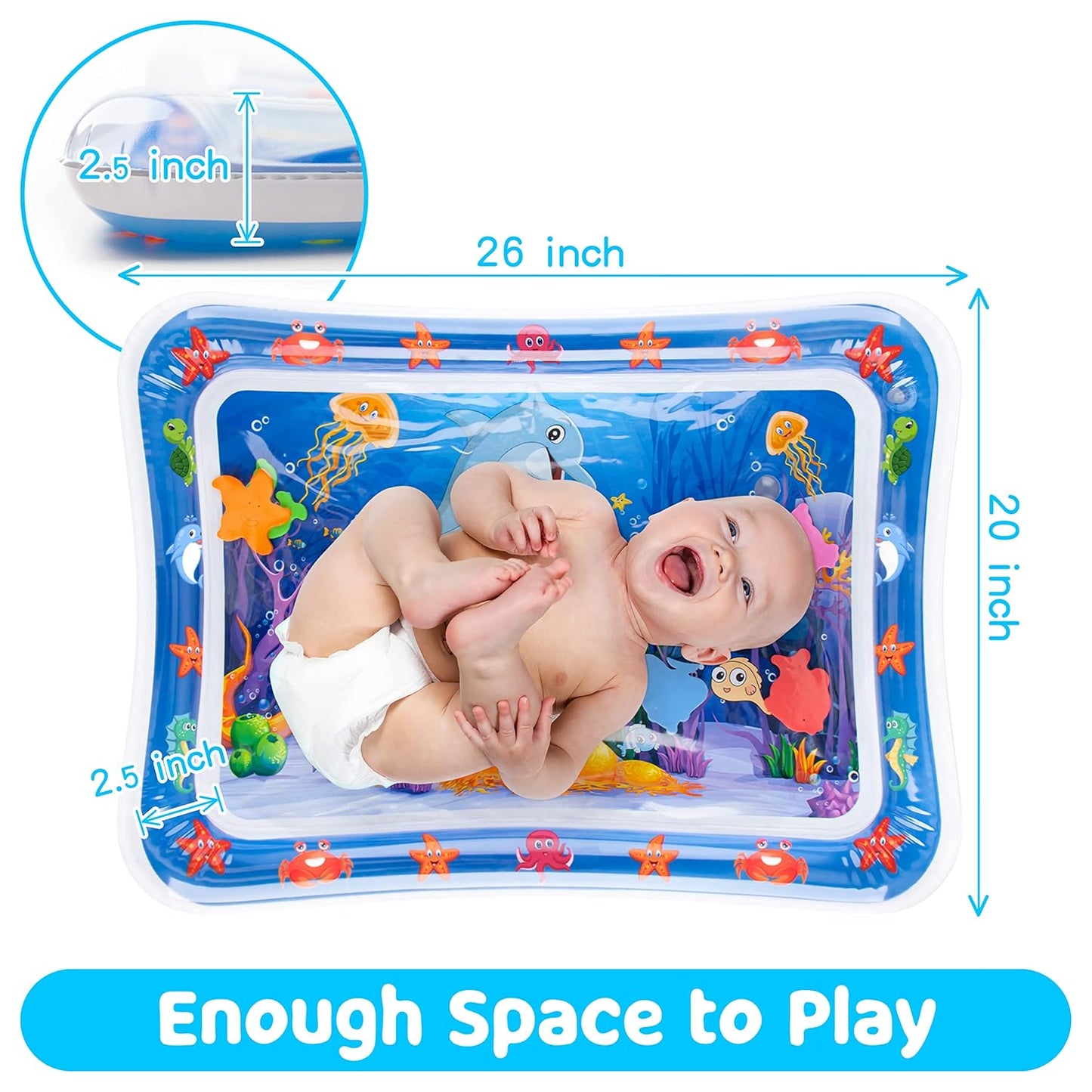 Inflatable water mat with a baby on it, showing dimensions and an underwater theme.