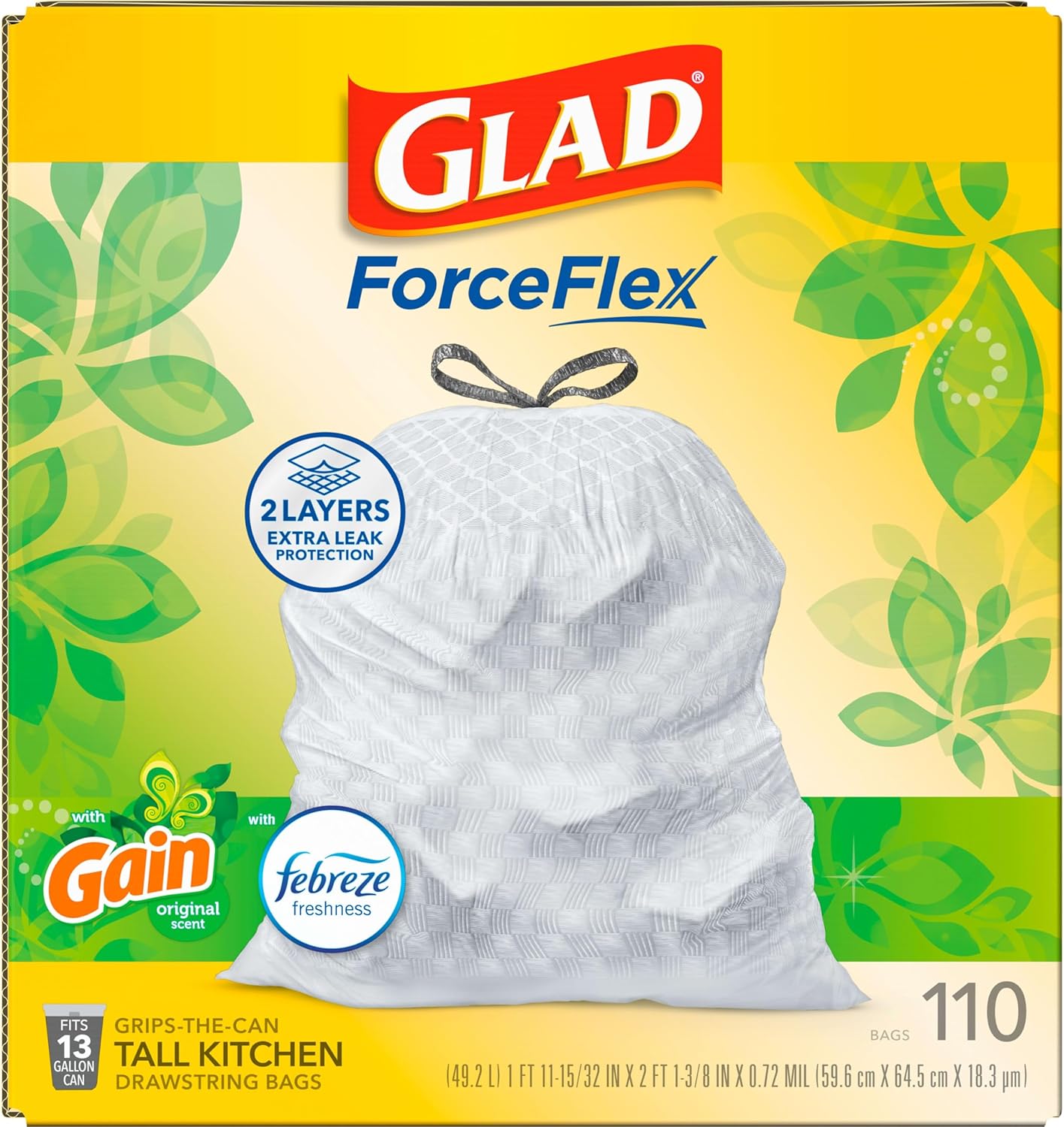Glad ForceFlex Tall Kitchen Trash Bags, 13 Gal, Gain Original with Febreze, 110 Ct (Pack May Vary)