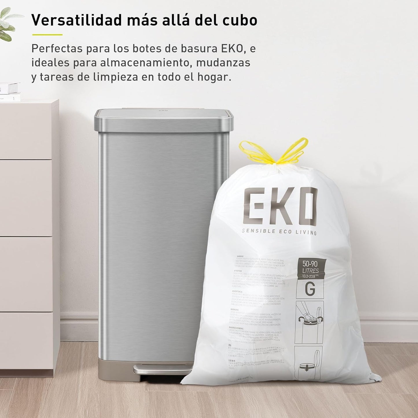 EKO 21 Gallon / 50-90 Liter, 60 Count Drawstring Trash Bags, Extra-Strong Unscented Garbage Bags, Easy-Dispense Roll for Kitchen & Household Use, Code G, White