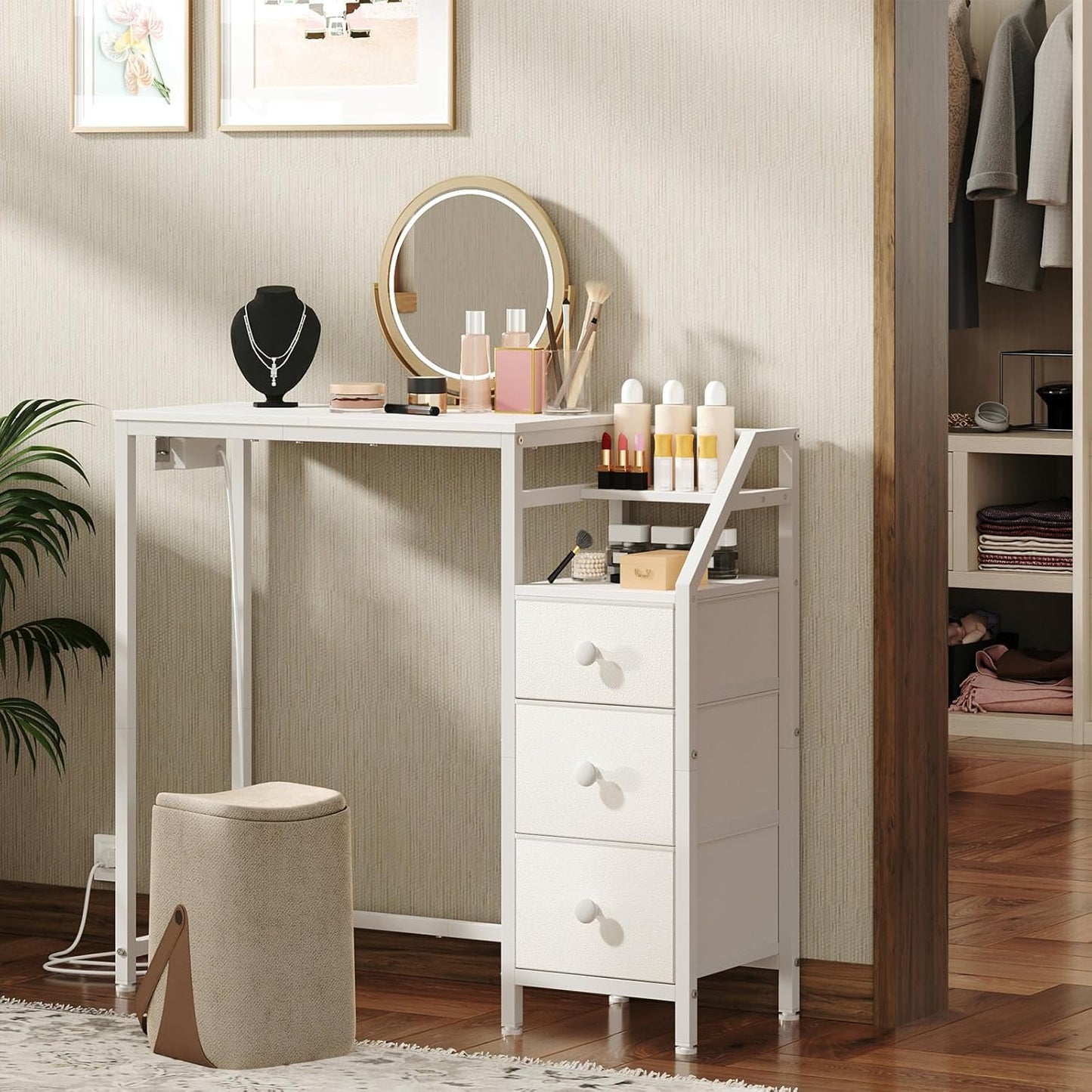 Small Vanity Desk Without Mirror, Makeup Vanity Table with Power Outlet, White Vanity with Fabric Drawers, Dressing Table, for Small Spaces, Bedroom, White