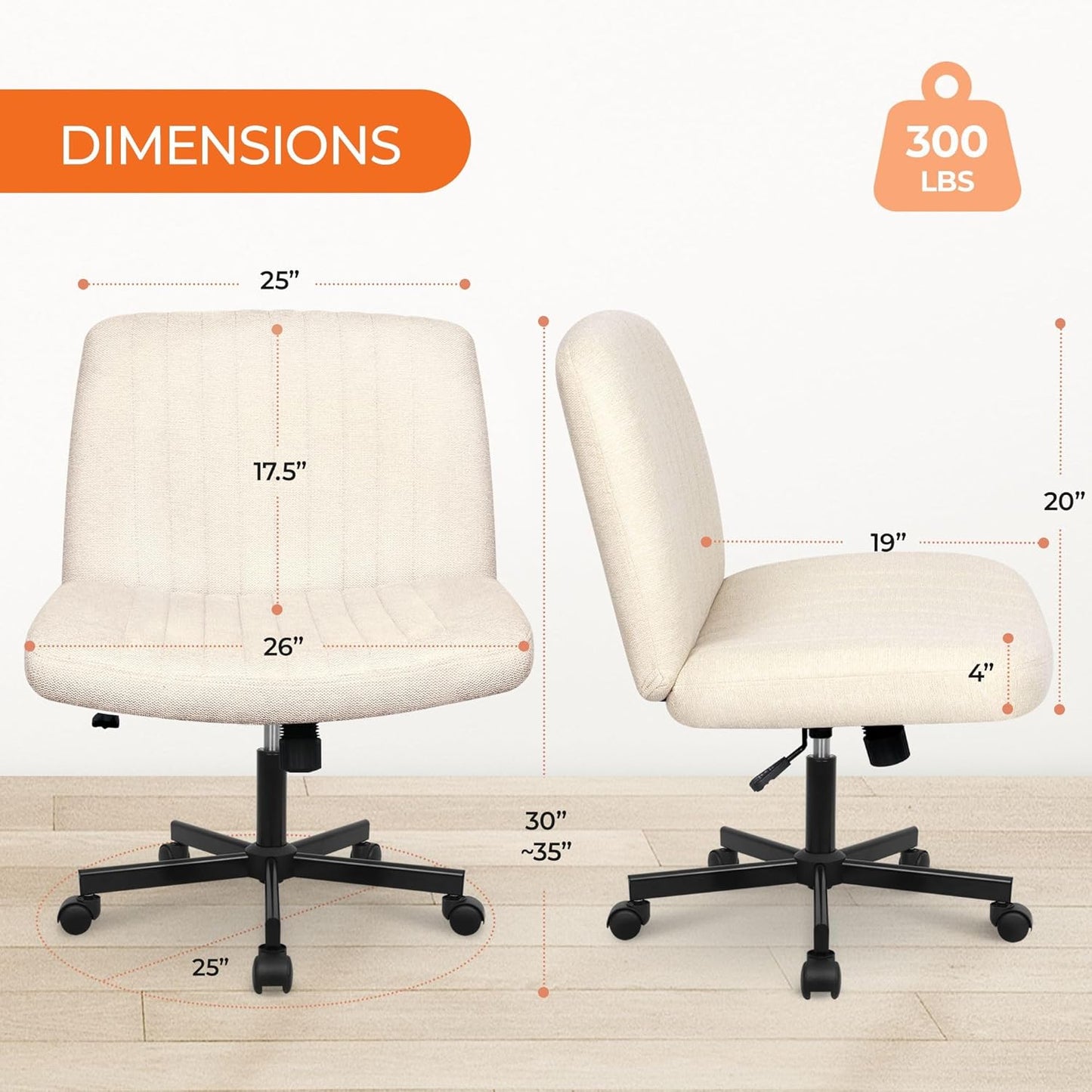 Orange Factory Criss Cross Chair Wheels Wide Cross Legged Office Desk Vanity Chair Comfy Fabric Armless Adjustable Swivel for Home Computer Task (Beige)