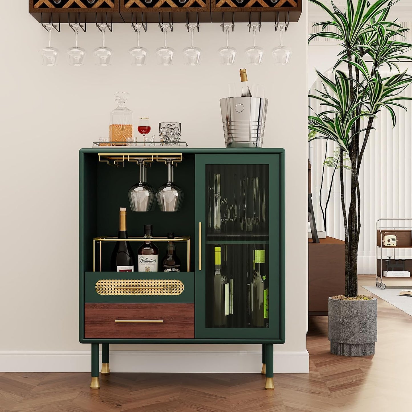ARTPOWER Modern Coffee Bar Cabinet with Wine Glass Rack and Drawers, Green Liquor Cabinet with Pull-Out Wine Storage for Kitchen, Dining Room, Living Room