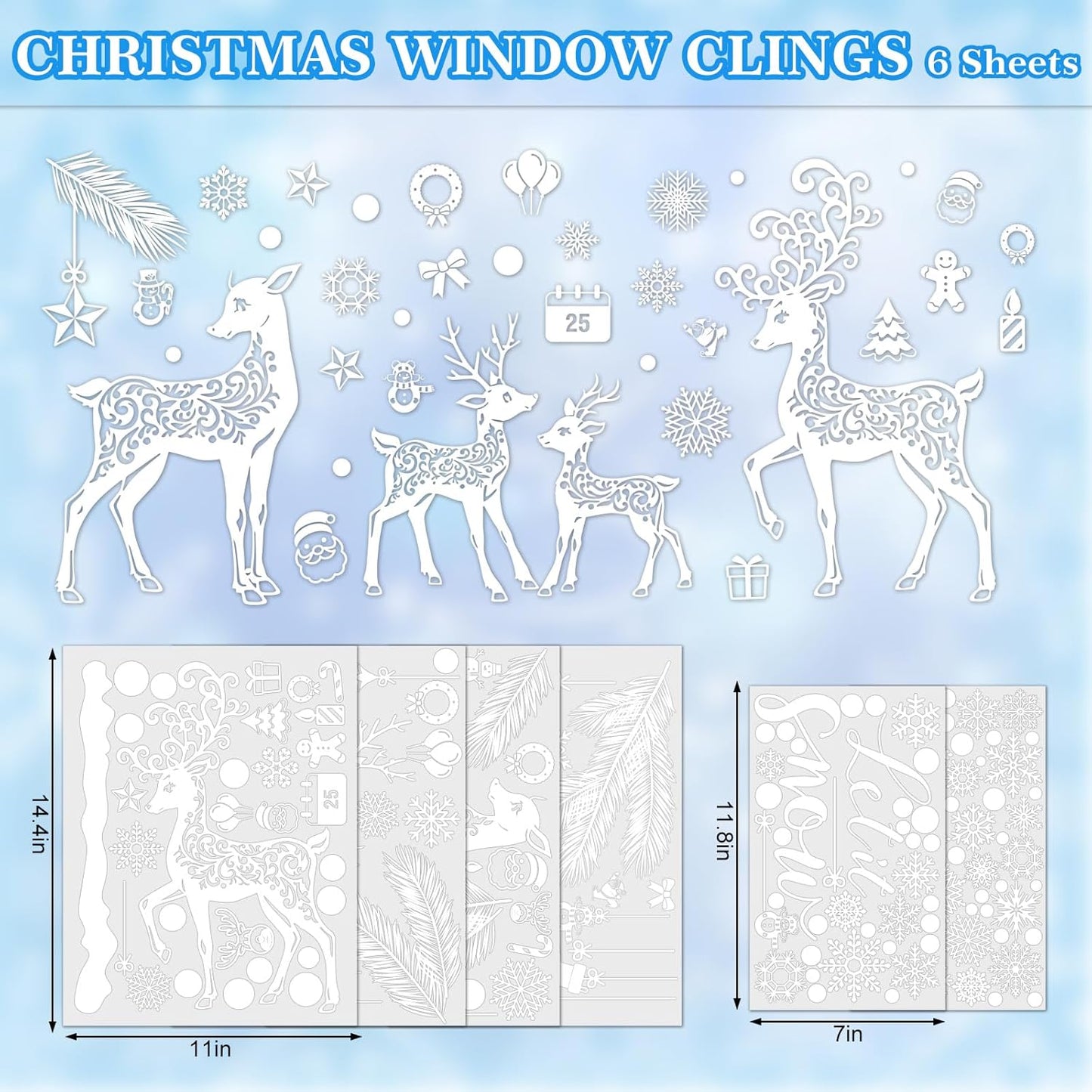 6 Sheet Winter Window Clings White Snowflake Reindeer Pine Branch Christmas Reusable Window Decals for Xmas Winter Party Home School Office Decor