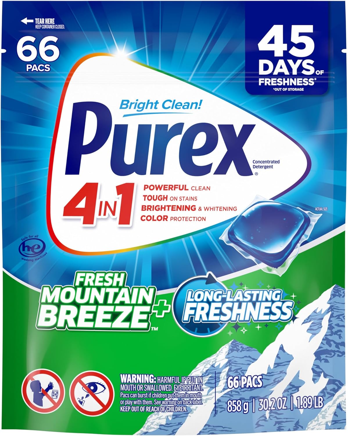 Purex 4-in-1 Laundry Detergent Pacs, Fresh Mountain Breeze, 66 Pacs