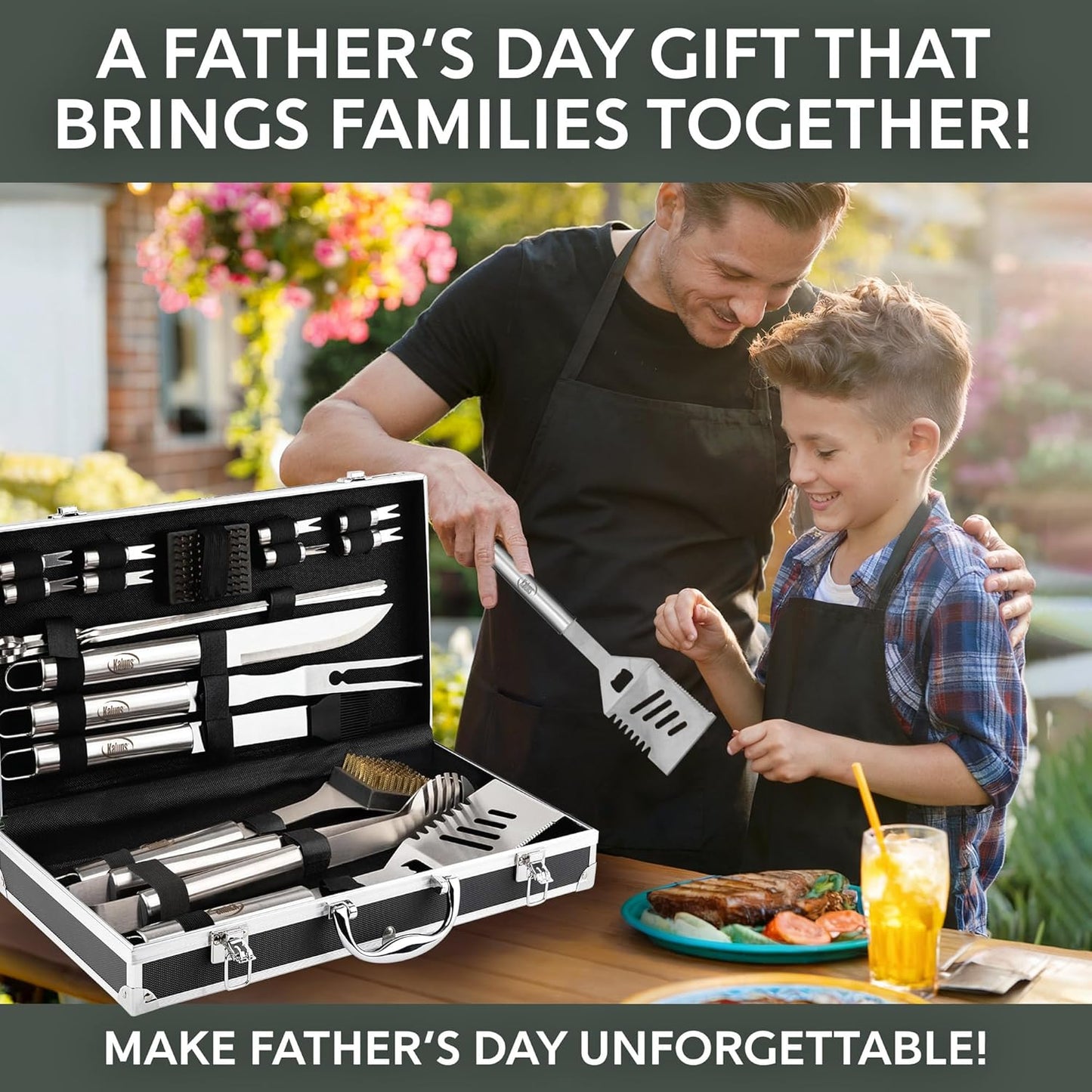 Kaluns BBQ Accessories Grill Tools, Mens Valentines Day Gifts for Him, Heavy Duty Stainless Steel Barbecue Grill Accessories for Outdoor Grill with Aluminum Case and Apron, Grilling Gifts for Men Dad