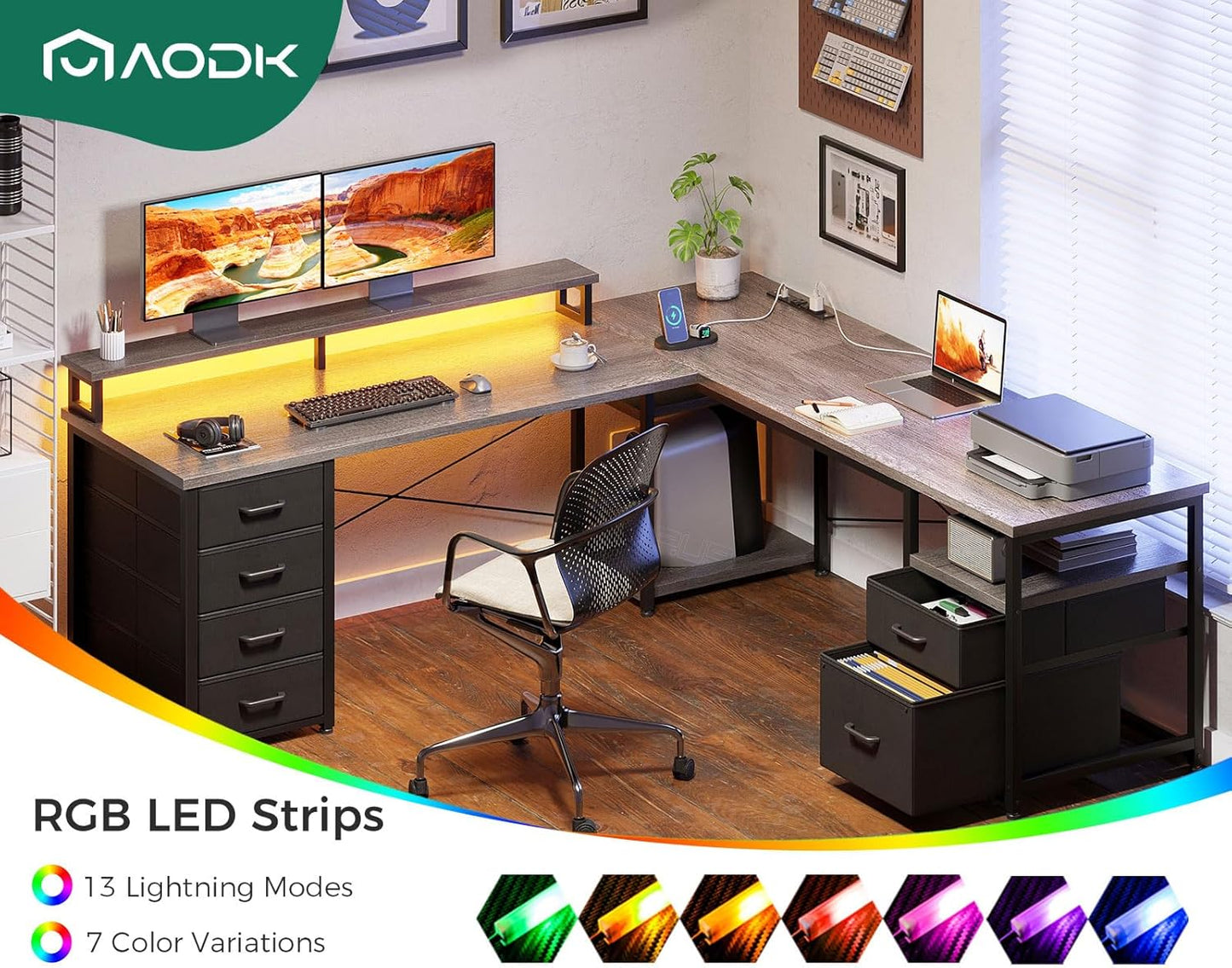 AODK 66" L Shaped Desk, 113" Computer Desk with File Cabinet & 4 Fabric Drawers, Home Office Desk with Monitor Shelf & Power Outlet, Two Person Desk or Corner Desk, Gaming Table with LED Light, Grey