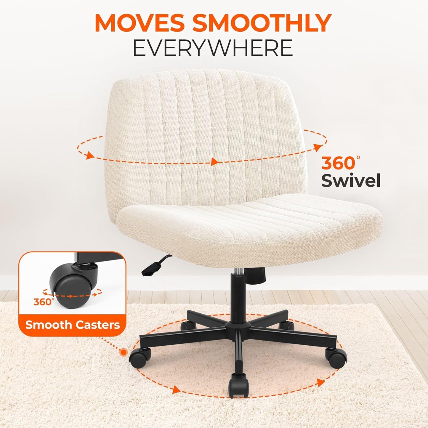 Orange Factory Criss Cross Chair Wheels Wide Cross Legged Office Desk Vanity Chair Comfy Fabric Armless Adjustable Swivel for Home Computer Task (Beige)