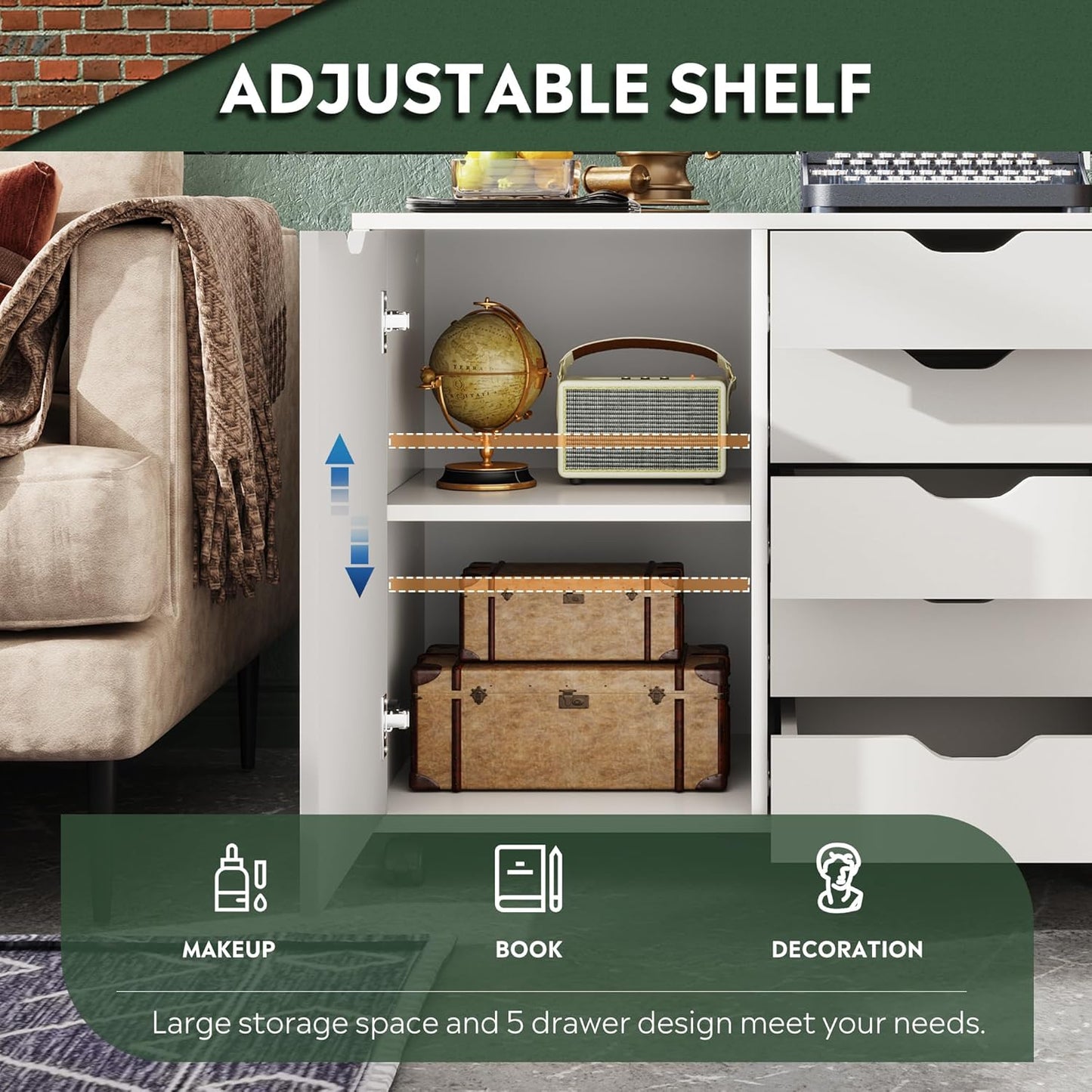 DEVAISE 5-Drawer Wood Drawer Cabinet, Office Storage Cabinet with Adjustable Shelf & Wheels, Printer Stand for Home Office, White