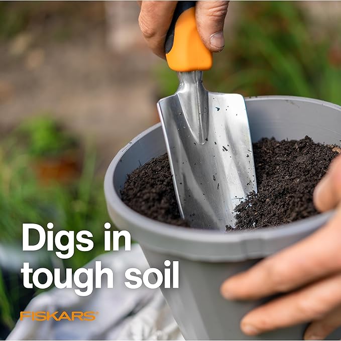 Fiskars Ergo Garden Trowel for Digging and Planting, Heavy Duty Gardening Hand Tool with Hanging Hole - Cart Shape