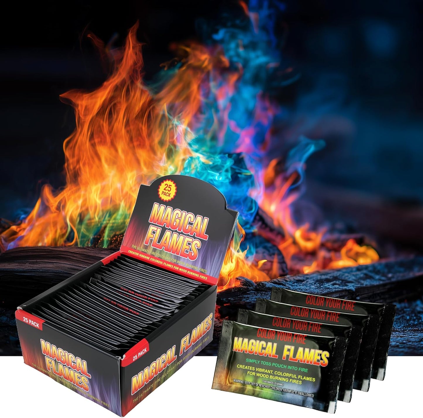 Magical Flames Fire Color Changing Packets Fire Pit (25 Pack), Fire Color Packets for Camping Essentials, Campfire, Bonfire & Fireplaces, Campfire Accessories