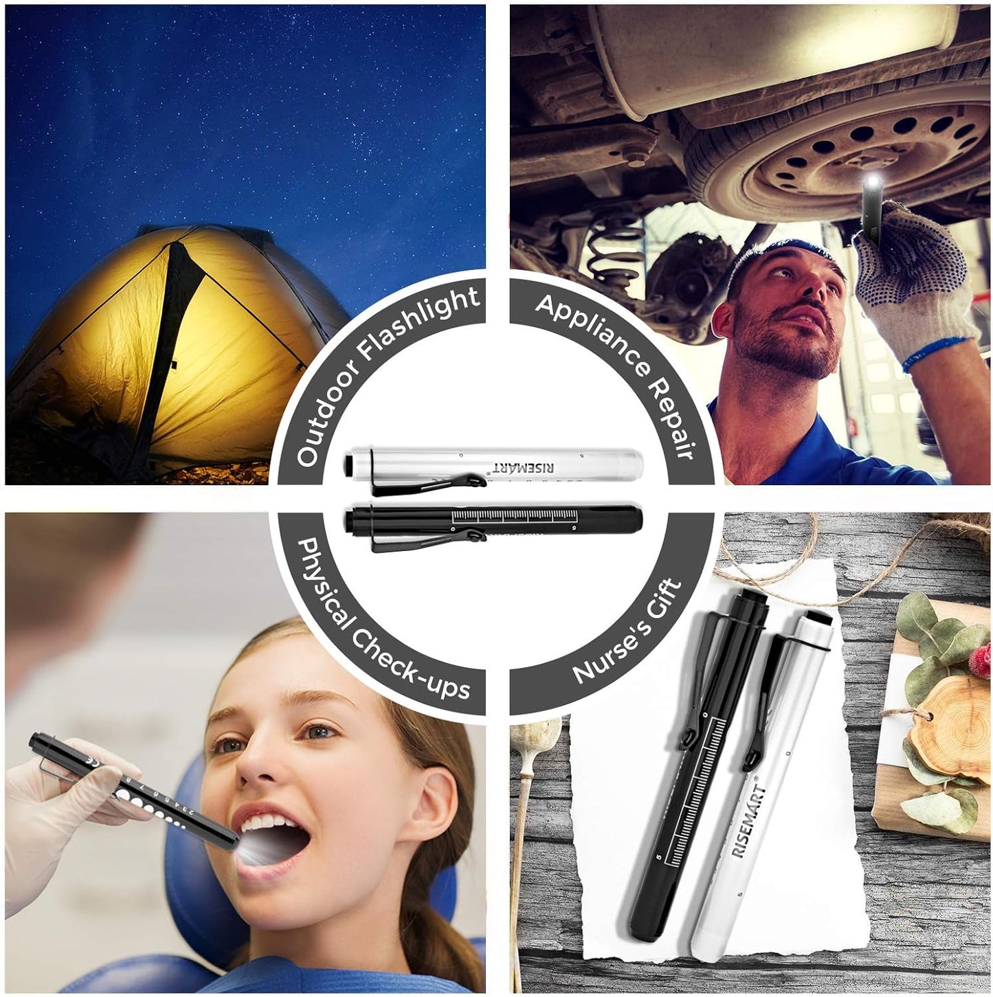 RISEMART Pen Lights for Nurses, 2 Pack Reusable Medical Light with Pupil Gauge and Ruler, White Light LED Penlight for Student Doctors EMT (Black/White)