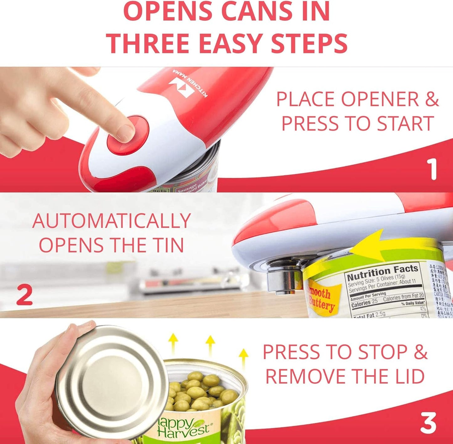 Kitchen Mama Auto Electric Can Opener: Open Your Cans with A Simple Press of Button - Automatic, Hands Free, Smooth Edge, Battery Operated, YES YOU CAN (Red)