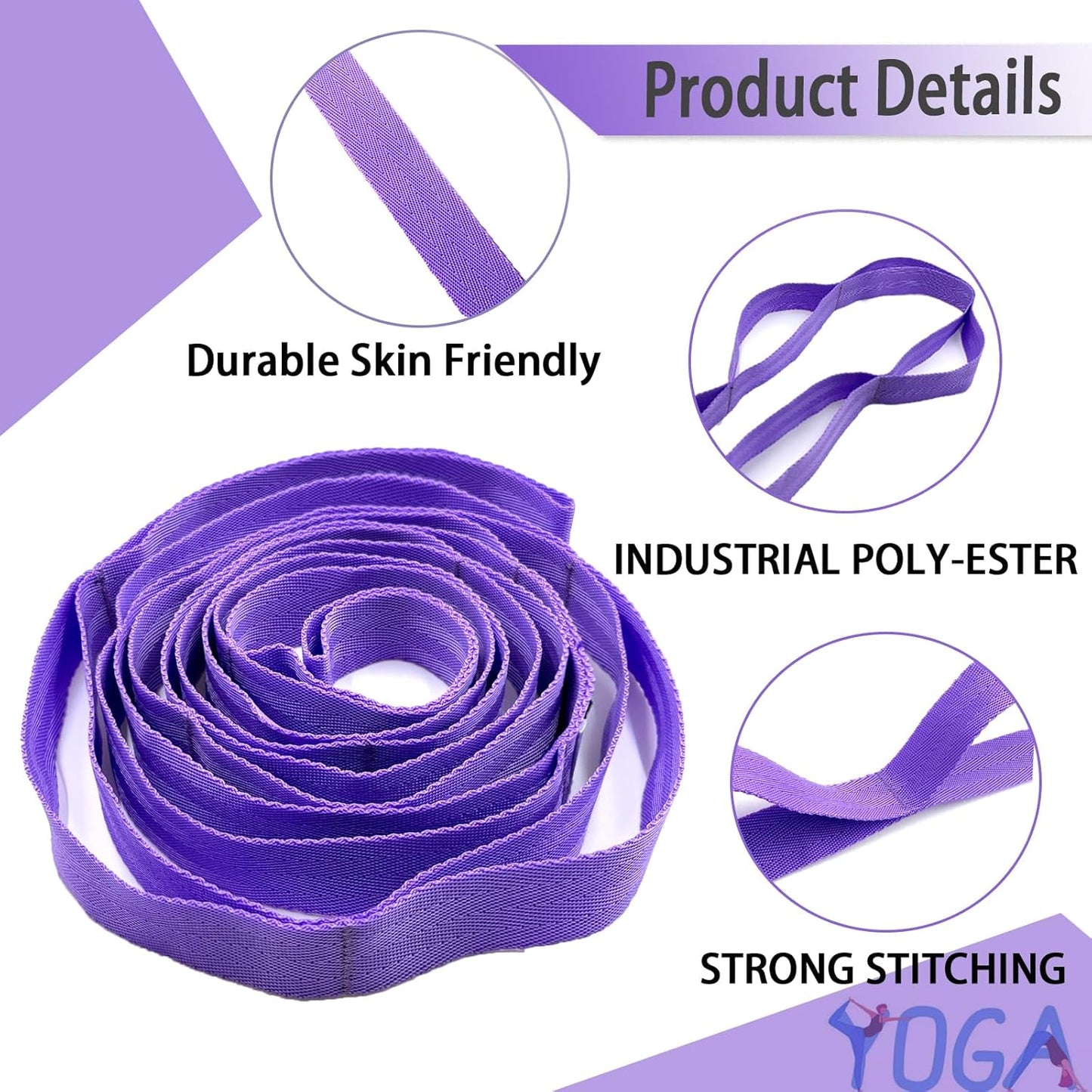 Stretching Strap Yoga Strap with Loops, Stretch Straps for Physical Therapy, Non-Elastic Exercise Strap for Pilates, Dance and Gymnastics with Workout Guide