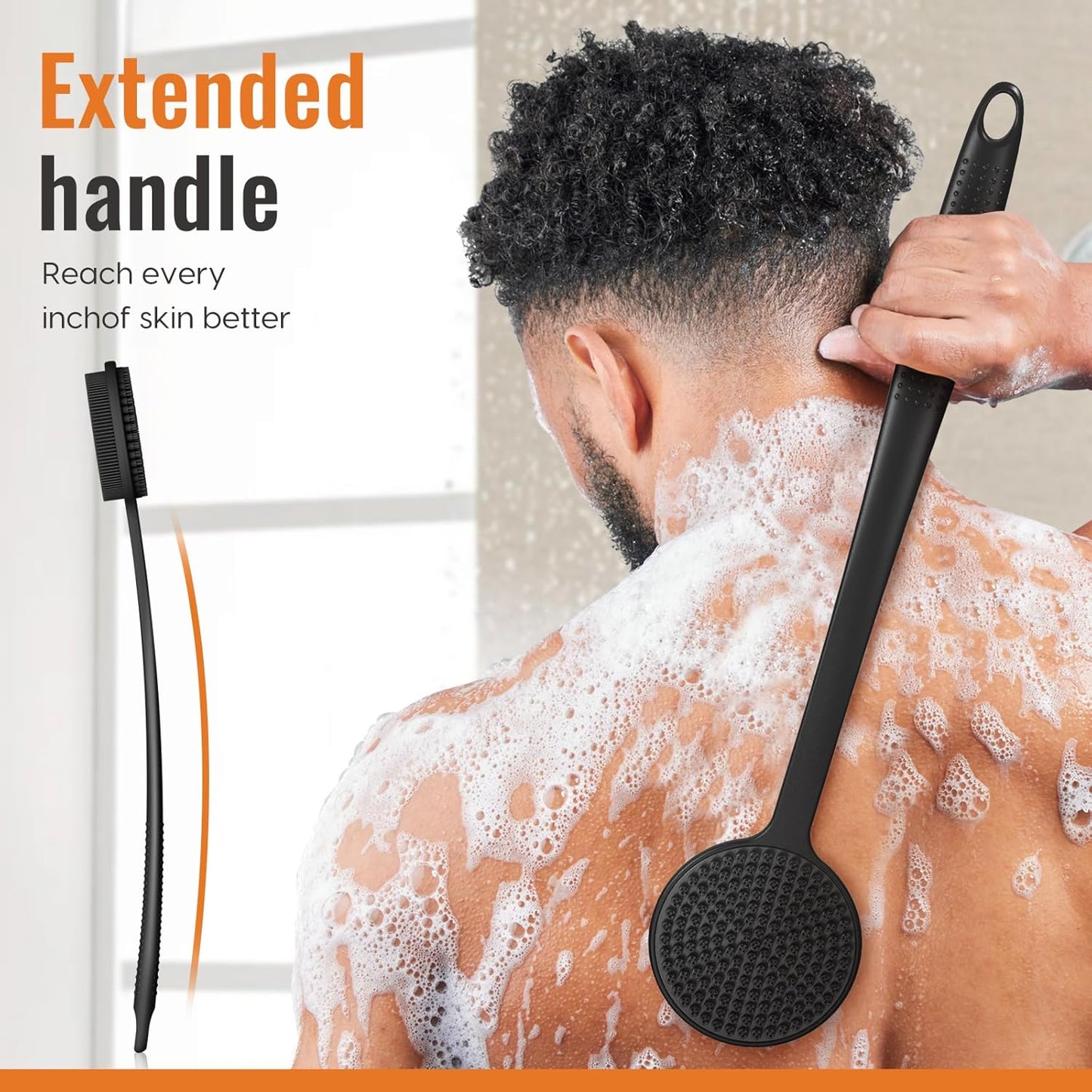 VWMYQ Silicone Back Scrubber for Shower, 17in Lengthen Long Handle Body Brush, Double Sided Shower Brush for Shower Exfoliating and Massage Can Produce Rich Foam, Long Handle Back Scrubber for Men.