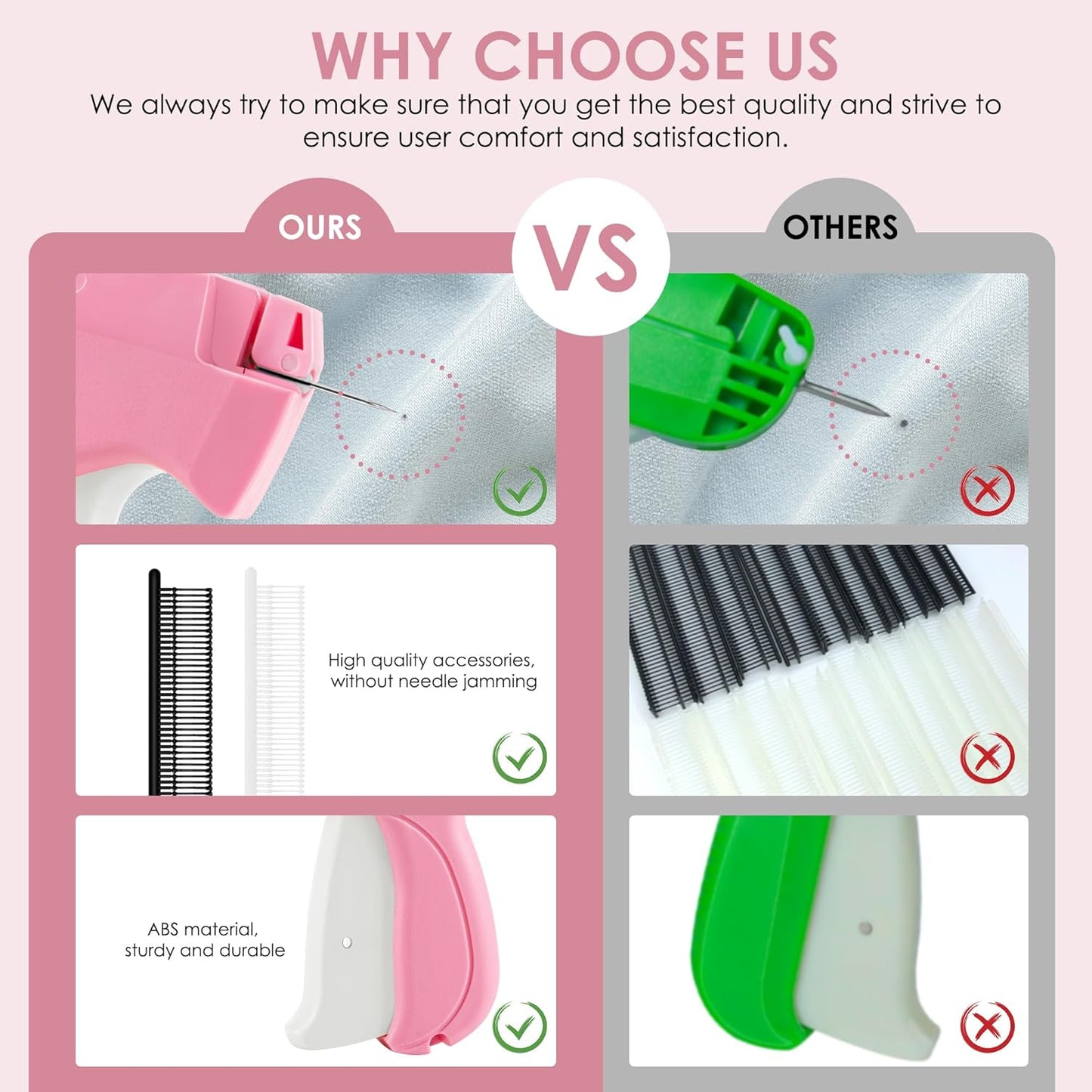 Handheld Stitch Tag Gun for Clothes, Quick Clothing Fixer, Tagging, Sewing Kit Includes 6 Needle, 1000 Black Fasteners & 1000 White Fasteners, Pink