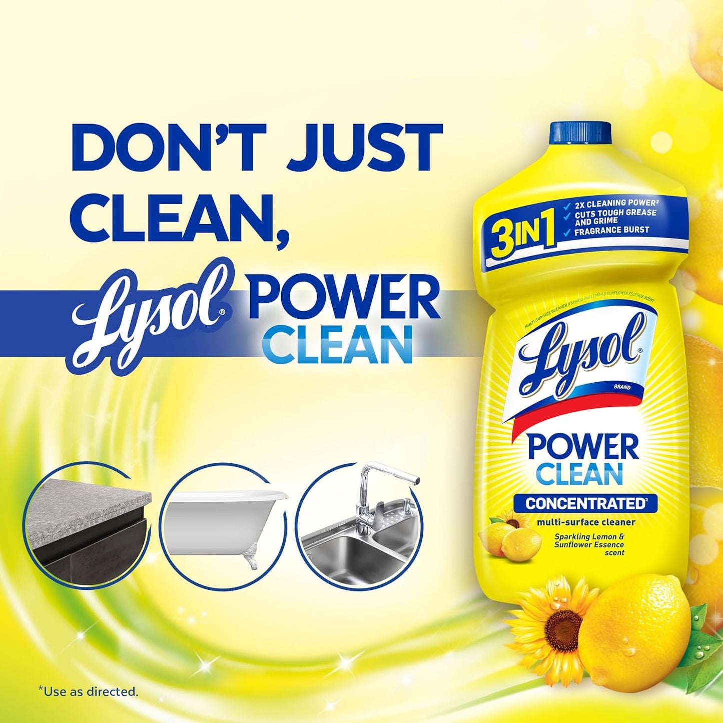 Lysol Power Clean Multi-Surface Cleaner, 2x Concentrated Pour, Sparkling Lemon & Sunflower Essence scent, 28 Fl Oz