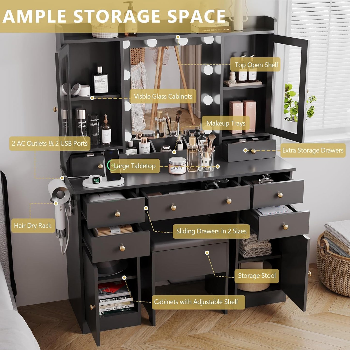 Makeup Vanity Desk with Mirror and Lights, Black Vanity Table Set with Storage Drawers, Charging Station, Cabinets & Chair, Large Dressing Table with RGB Ambient Light for Women Girls Bedroom Bathroom