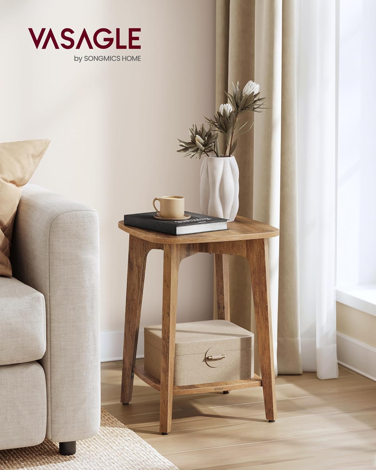 VASAGLE MAEZO Collection - Side Table, 2-Tier Small Square End Table, Nightstand with Tapered Legs, Curved Transitions, for Small Spaces, Living Room, Bedroom, Honey Brown ULET236K01