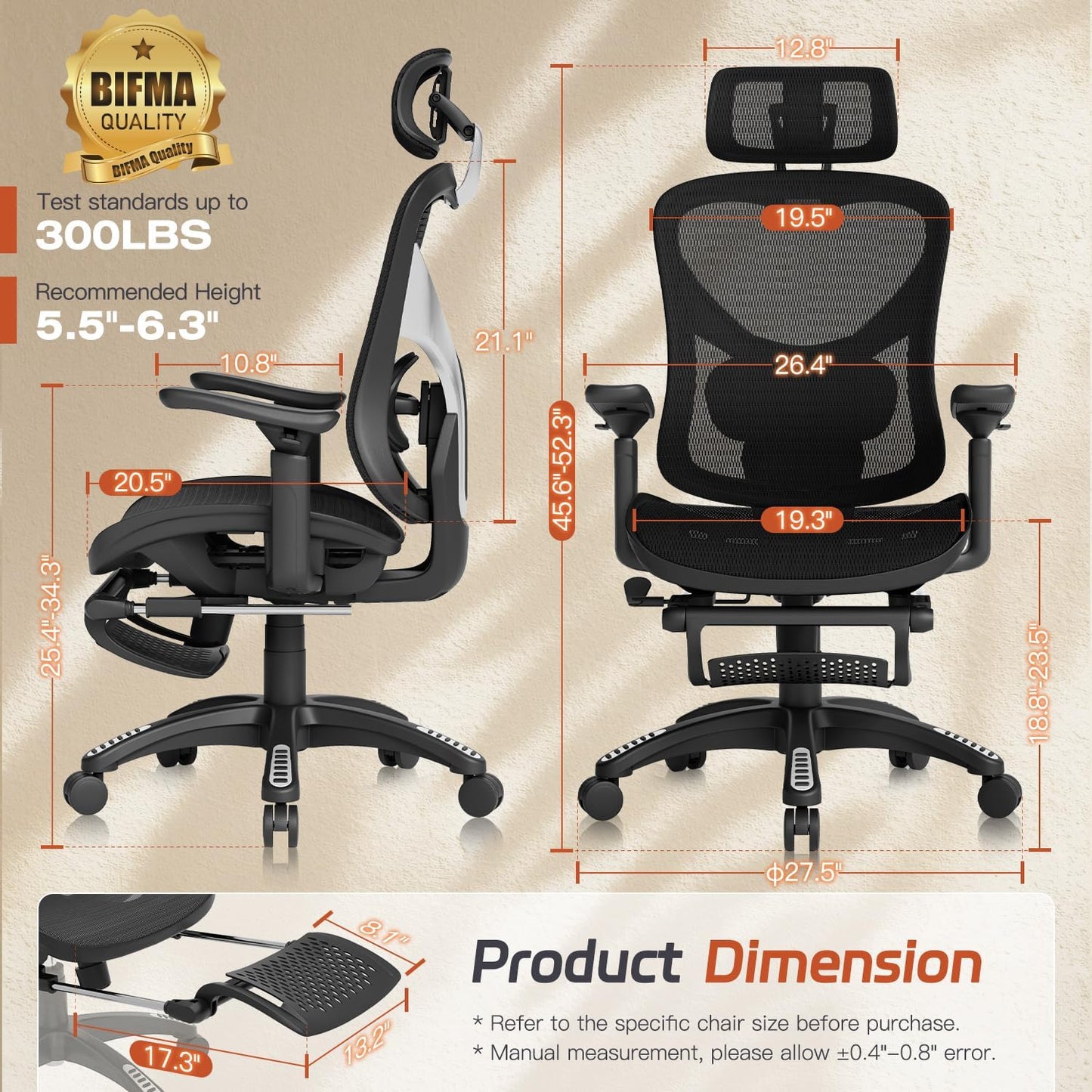 Ergonomic Office Chair, Mesh Desk Chair with Footrest, Adjustable Lumbar Support, 3D Armrest & Large Headrest, 3-Gear Tilt Recline, Stable Swivel Computer Gaming Chairs for Man Woman