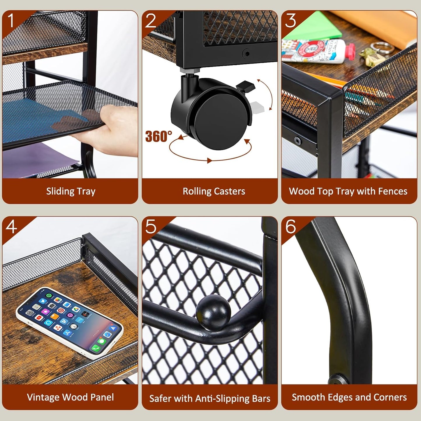 5-Tier Rolling File Cart with Hanging File Folders, Mobile Desk File Organizer on Lockable Wheels, Wood & Mesh Paper Letter Sliding Trays Organization for Office, Home, School, Patent