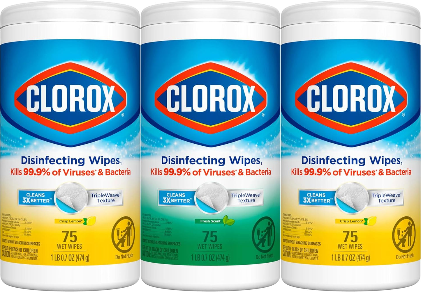 Clorox Disinfecting Wipes Value Pack, Household Essentials, 75 Count, Pack of 3 (Package May Vary)