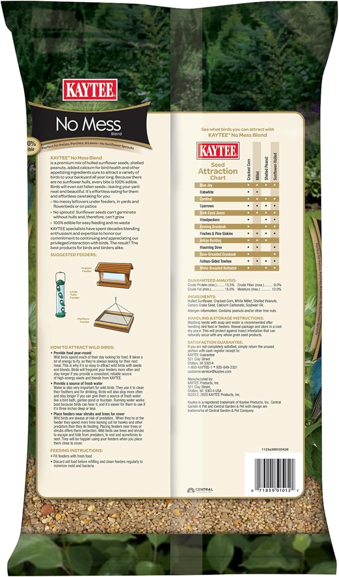 Kaytee Wild Bird (No Mess or Waste Free) Food Seed Blend For Blue Jays, Woodpeckers, Juncos, Cardinals, Grosbeaks, Sparrows, and Finches, 10 Pound, (Packaging May Vary)